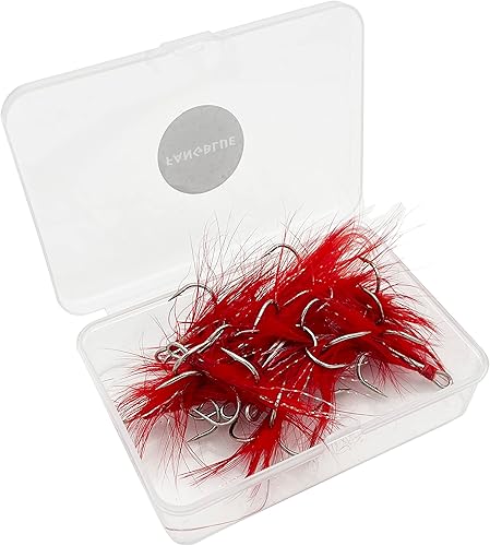Miniatura 6 de FANGBLUE 20 anzuelos de pesca agudos con pluma tamaño de acero inoxidable con púas afiladas triple anzuelo con caja para agua salada y agua dulce