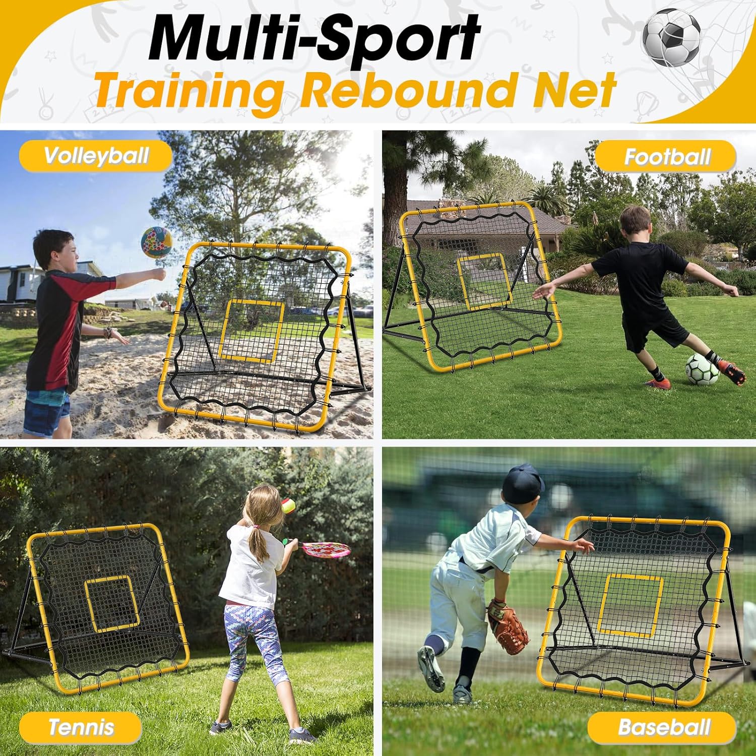 3.7×3.7FT Soccer and Baseball Rebounder Net,Volleyball Rebounder,Pitch Back Net,Multi-Sport Training Rebound Net,with Pitching Target,Adjustable Angles