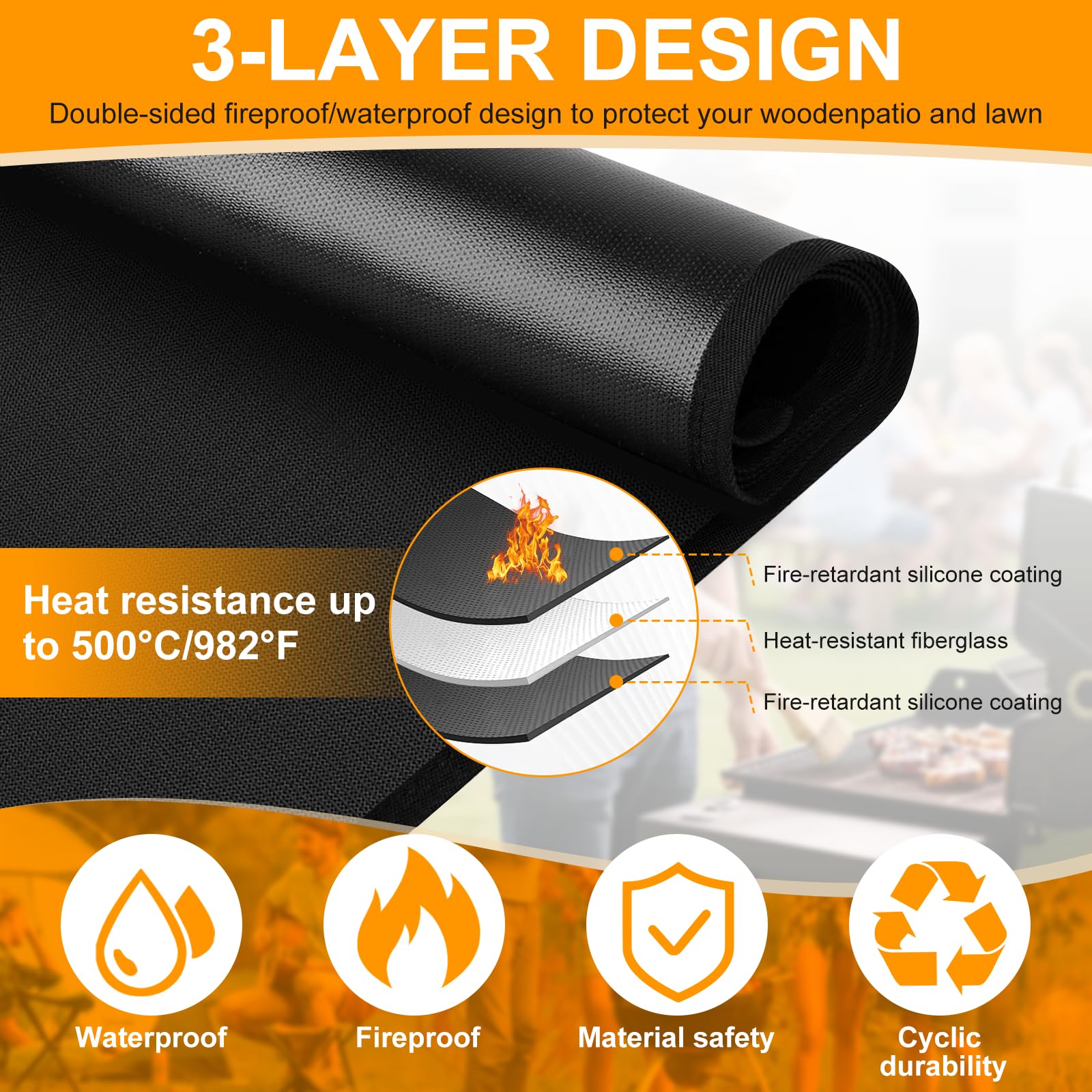 Tapis de barbecue ignifuge 100 x 150 cm en fibre de verre