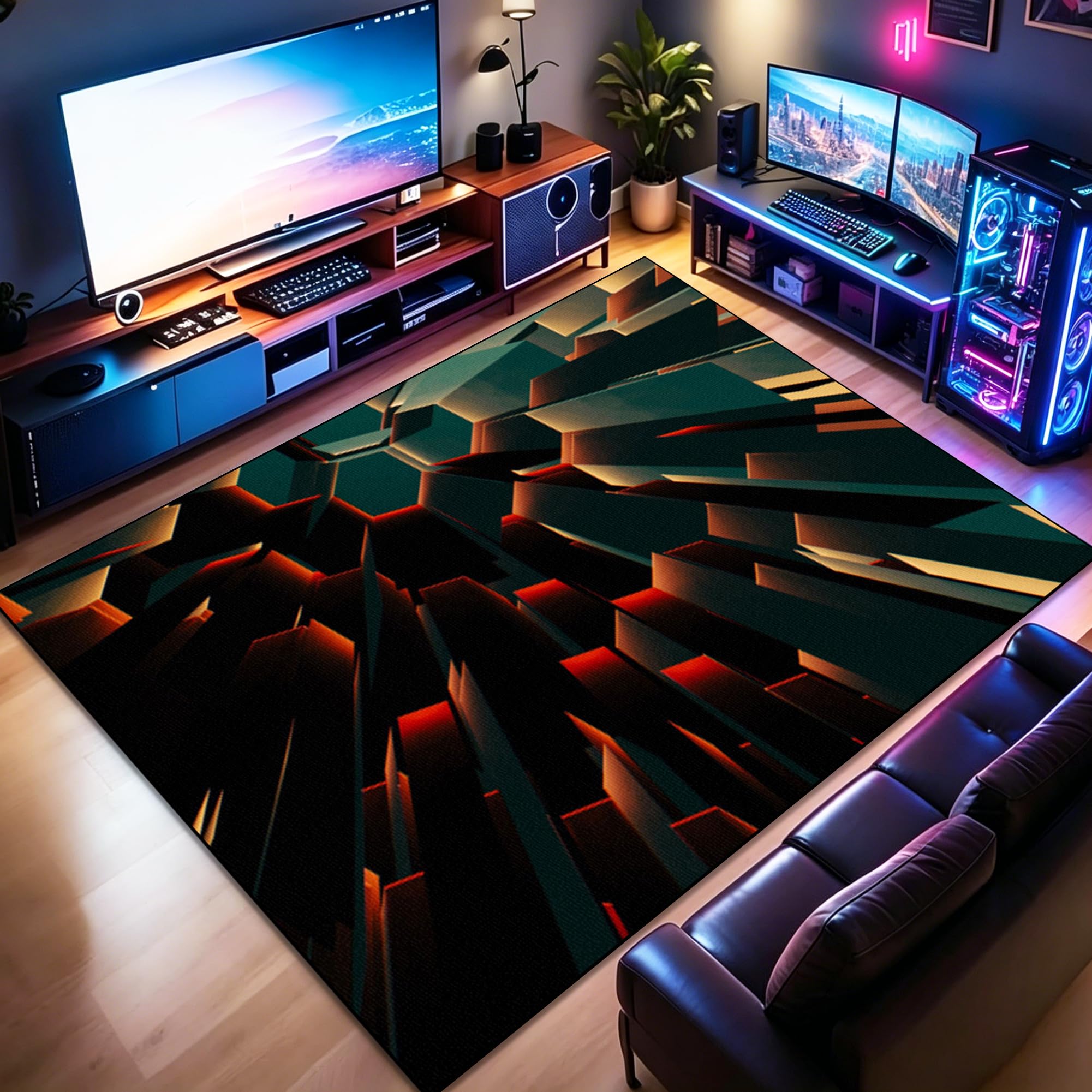 Tapis chambre ado gamer géométrique 110x130cm moderne et antidérapant