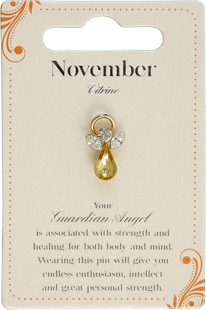 Guardian Angel Brooch, November Birthstone, Angel Badge with Citrine Gemstone, Gift for Women & Men, Lapel Pins-Golden-One Size-Unisex, Silver