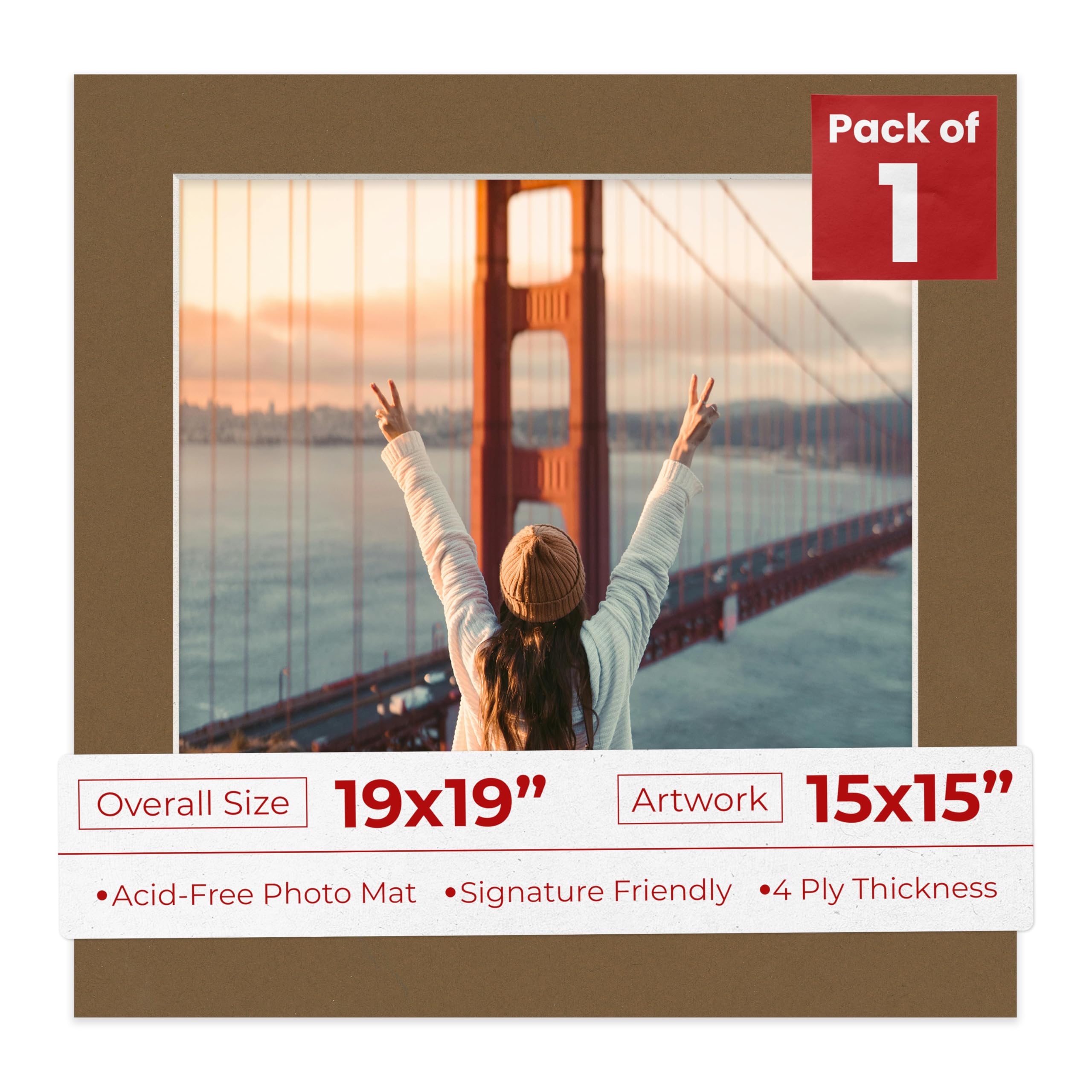 19x19 Mat Bevel Cut for 15x15 Photos - Precut Aged Oak Brown Square Shaped Photo Mat Board Opening - Acid Free Matte to Protect Your Pictures - Bevel Cut for Family Photos, Pack of 1 Matboard-image-24