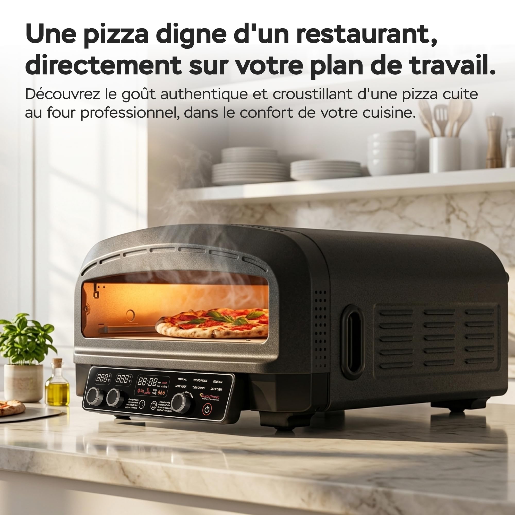 Four à pizza électrique jusqu'à 450 °C pour 37 cm (14.6") Pizza New York avec pierre à pizza – Utilisation intérieur/extérieur – 2200 W – Idéal pour maison, jardin, table ou cuisine mobile