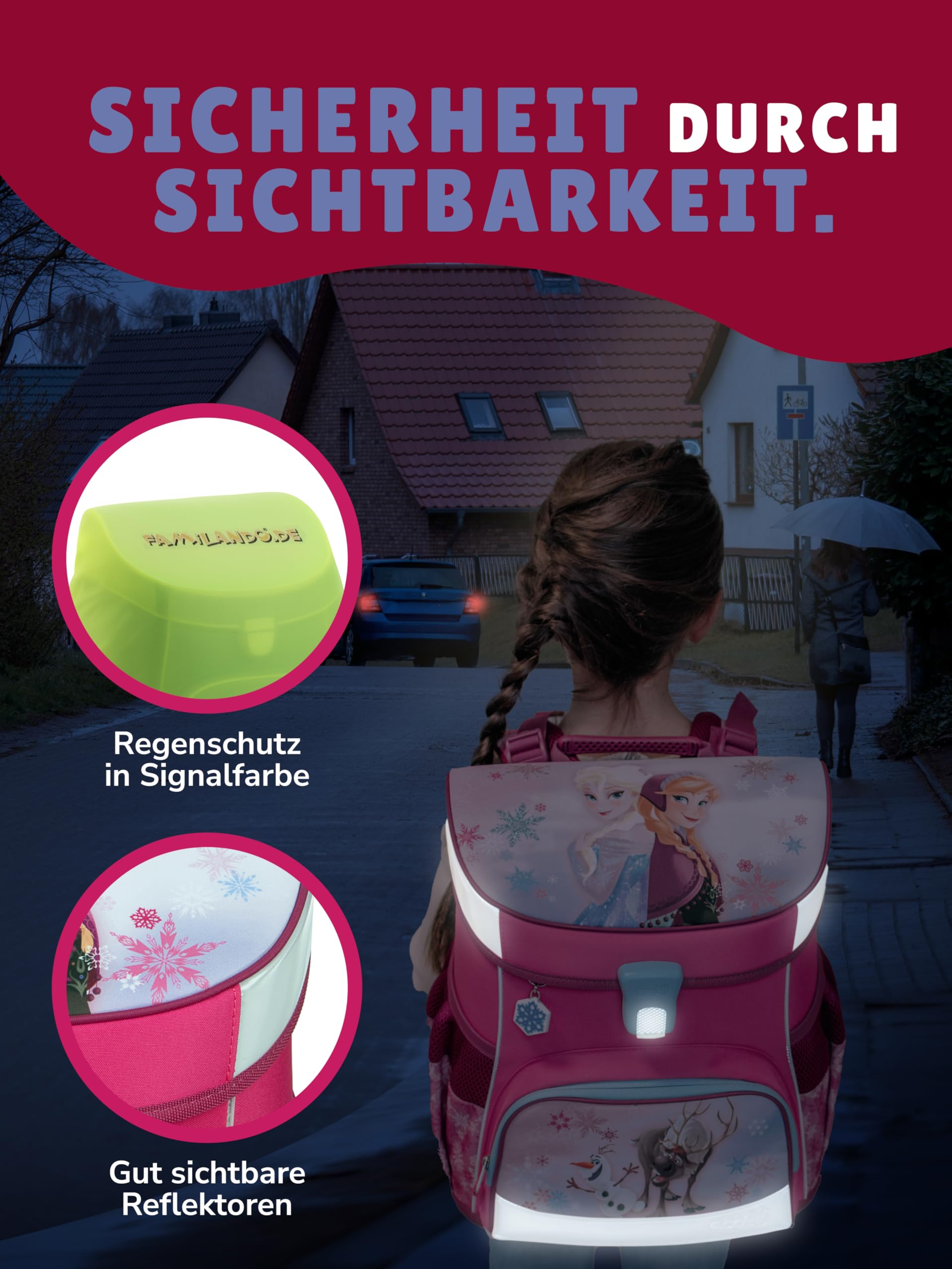 Familando - Scooli Campus Fit Schulranzen Set - 5-teilig mit Federmappe - Disney Die Eiskönigin (Frozen) - Ergonomisch, Stabil & 980g leicht - 18L Volumen - Brustgurt & Reflektoren - ab 1. Klasse