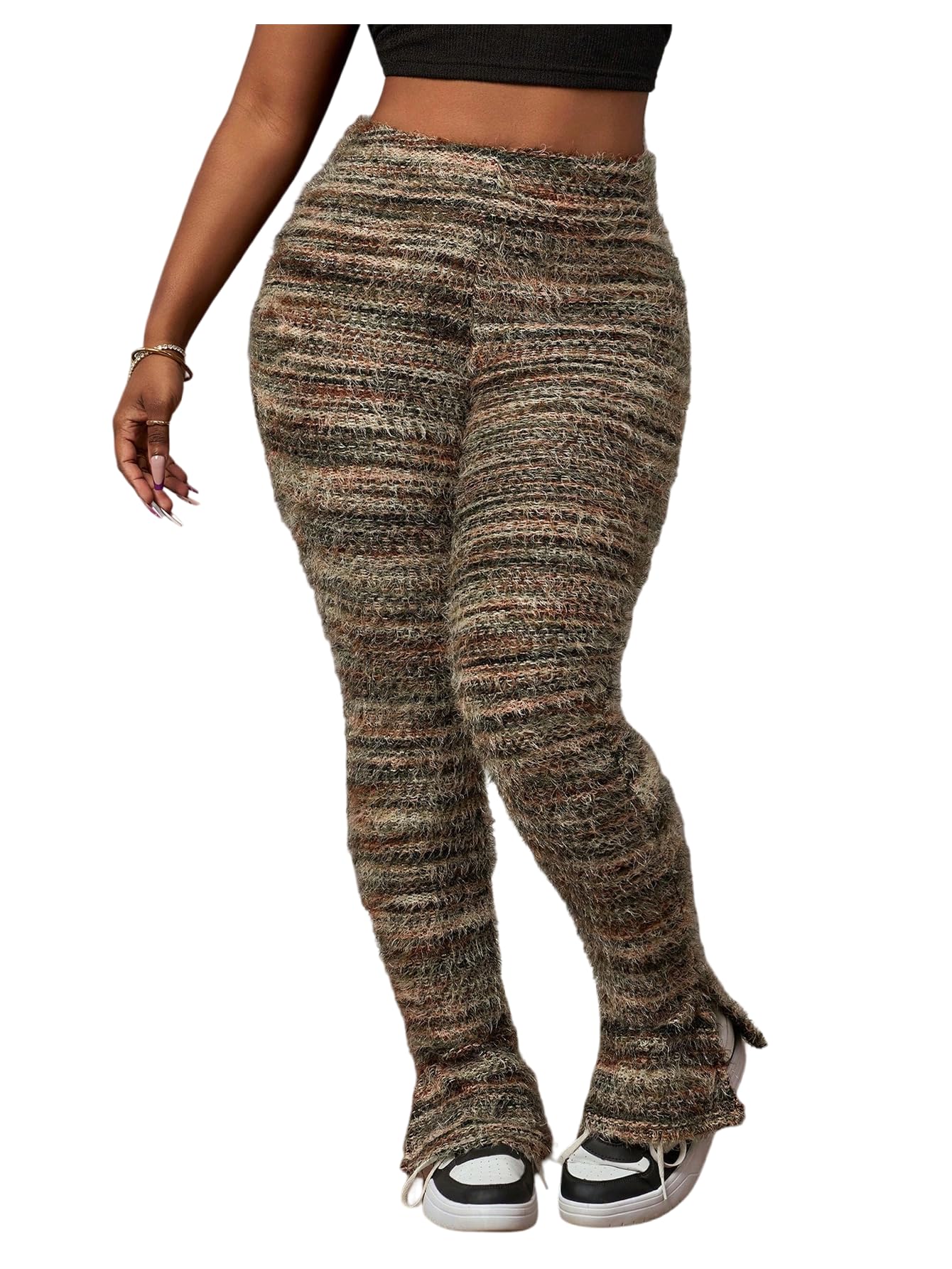 Floerns Womens Y2k Striped Fuzzy Pants Elastic Waist Bell Bottom Split Skinny Trousers