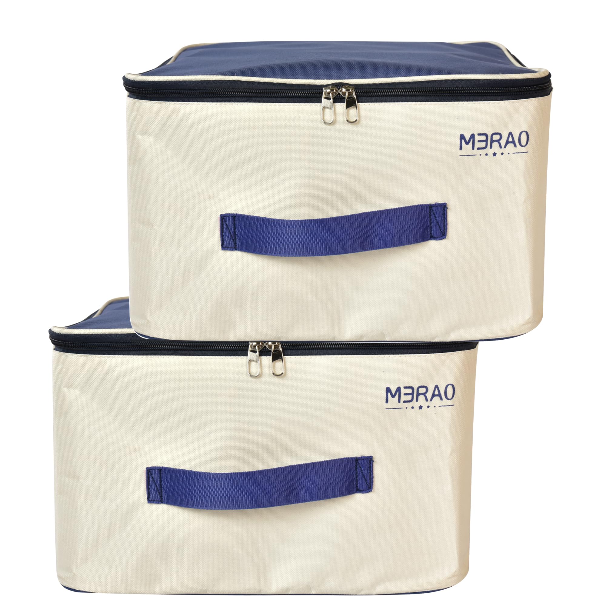 MERAO Foldable Clothes Storage Bags for Wardrobe – Saree, Blanket & Clothes Organizer with Zipper & Handles, Dustproof Underbed Storage Bags (Pack of 1, Cream Blue, 37x37x23 cm)
