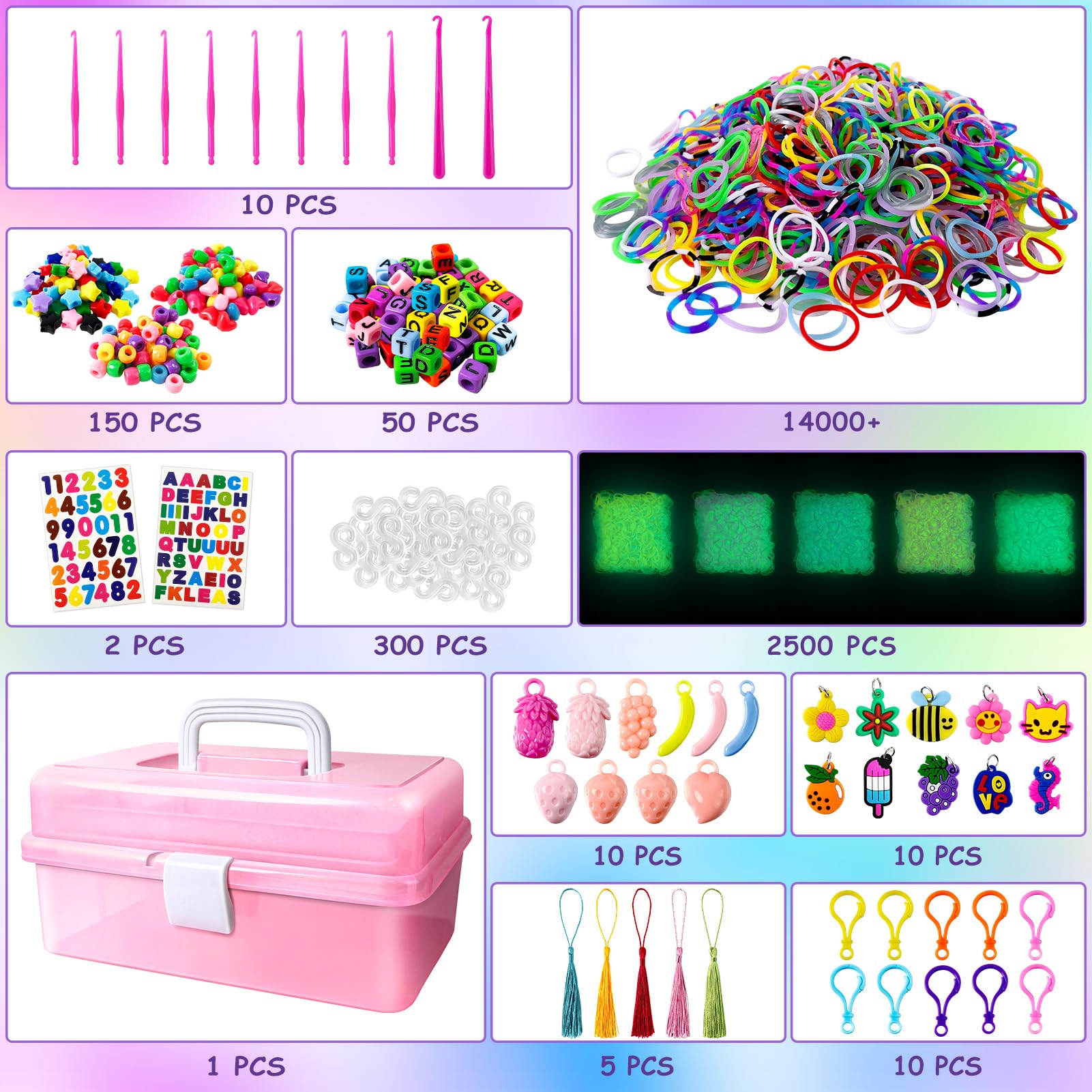 ROSHUKG 14500 Gomas para Hacer Pulseras, Kit para Hacer Pulseras de Goma de Colores con Recipiente de 3 Capas para Niñas Niños(Rosa)