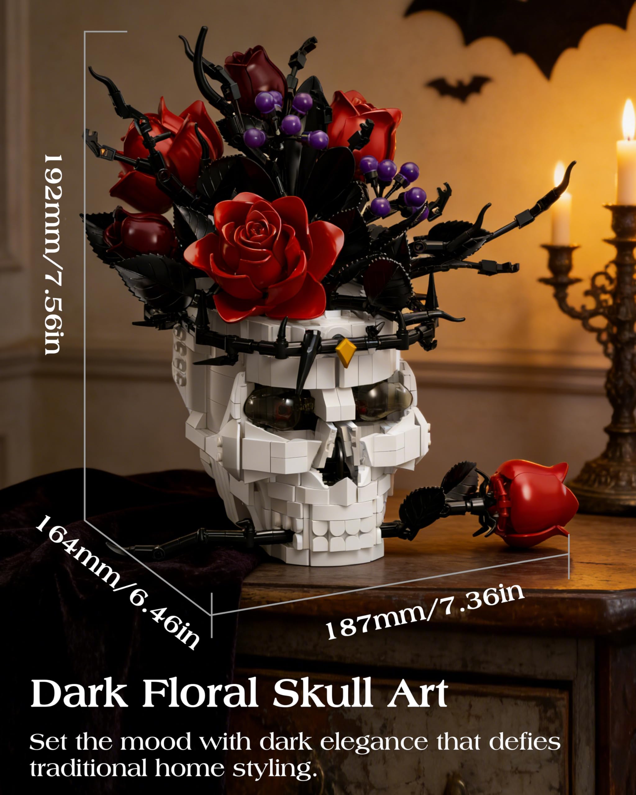 Gothic Totenkopf Bauset mit Rose im Mund, Ästhetische Totenkopf-Deko für Erwachsene, Tisch- & Regal-Centerpiece – Kompatibel mit Lego Blumen & Horror-Sets, Geschenk für Halloween & Valentinstag