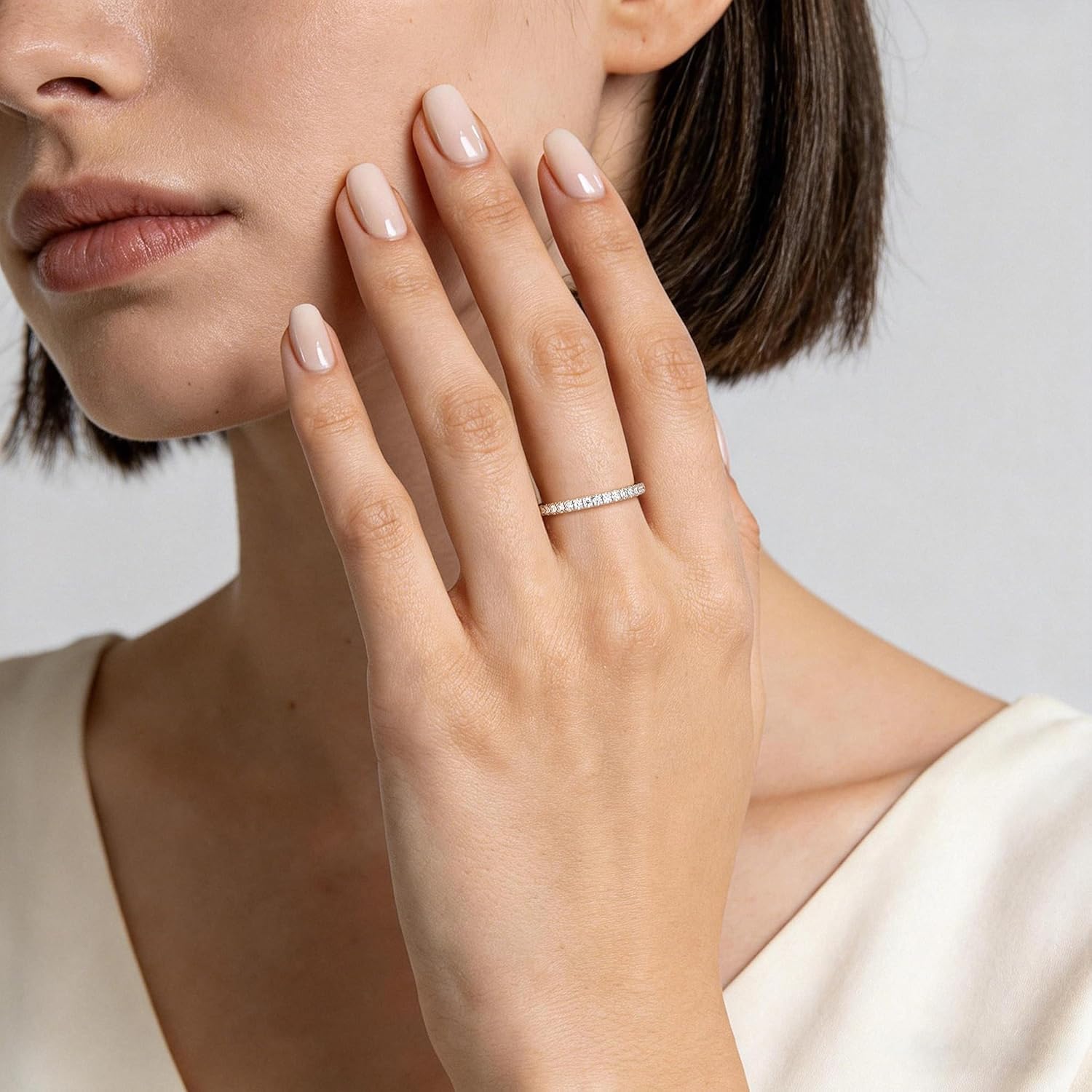 MSBLUE® 2MM Moissanite Wedding Ring Band, Classic French Pave Eternity Band, 14K White Gold Vermeil, Rhodium Finish - Image 2