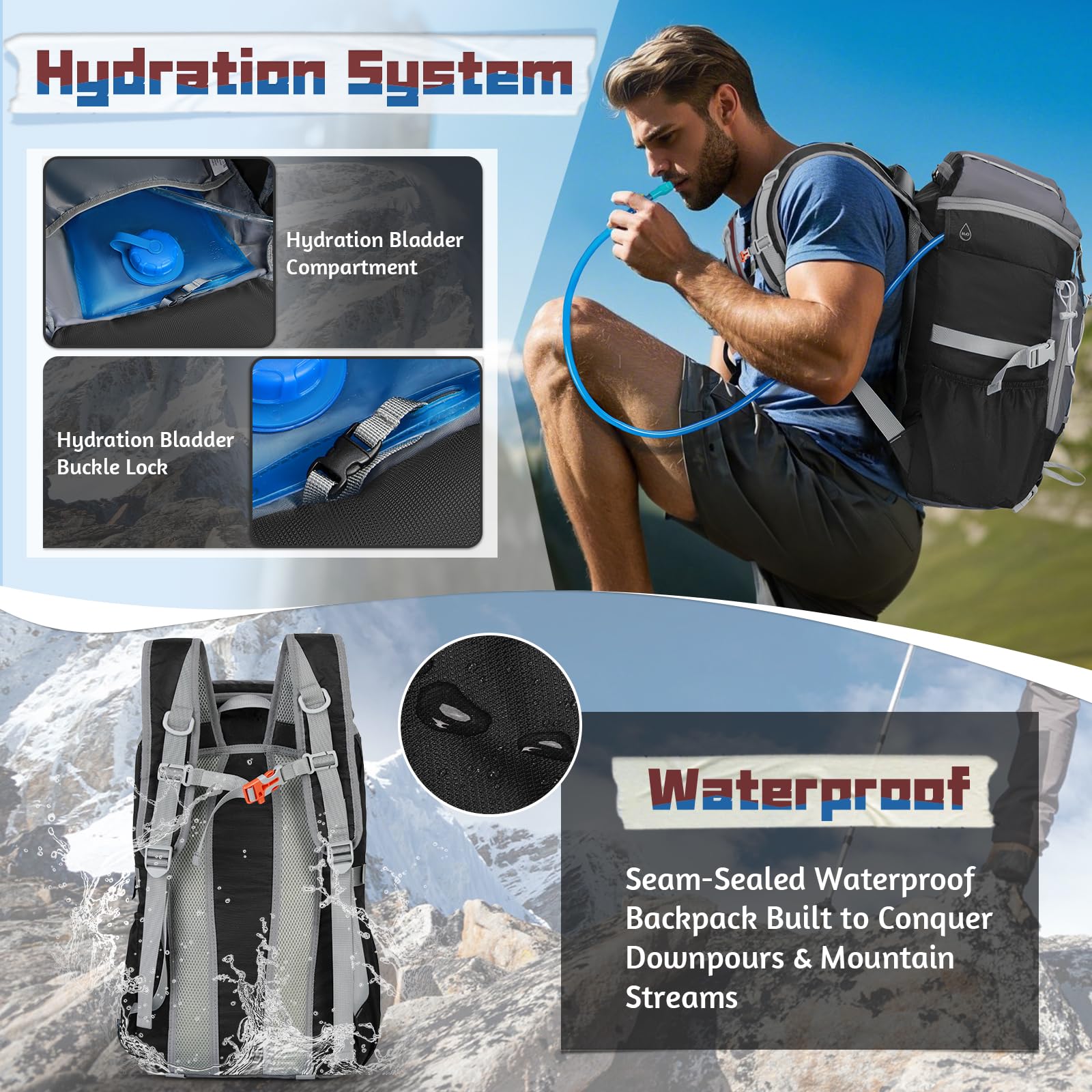 RAINSMORE Plecak turystyczny 40 l, składany, lekki plecak dla mężczyzn z wentylowanym panelem tylnym, wodoodporny plecak podróżny, plecak na spacery, kemping, trekking, jazdę na rowerze na świeżym