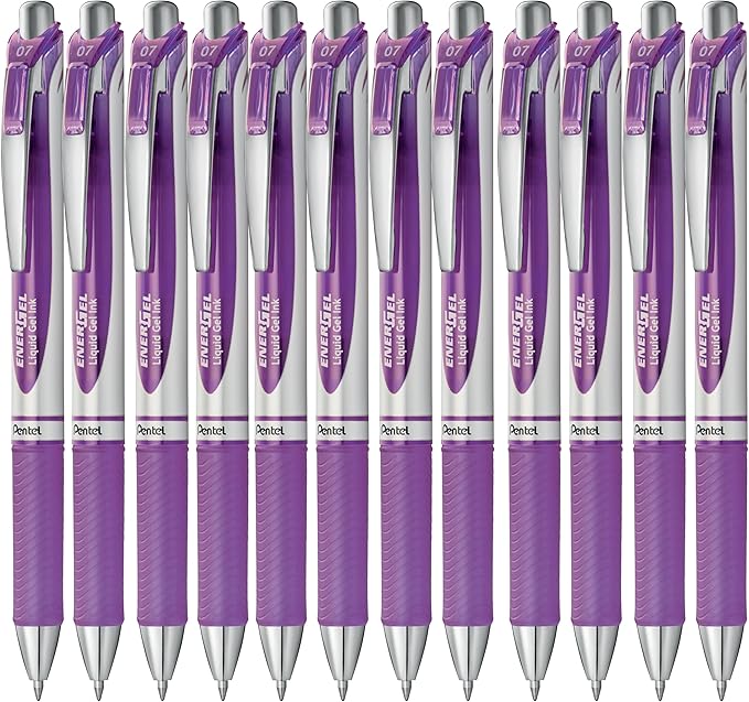 Pentel EnerGel Retractable Liquid Gel Rollerball, 0.7mm Medium Point, Violet Ink, Box of 12