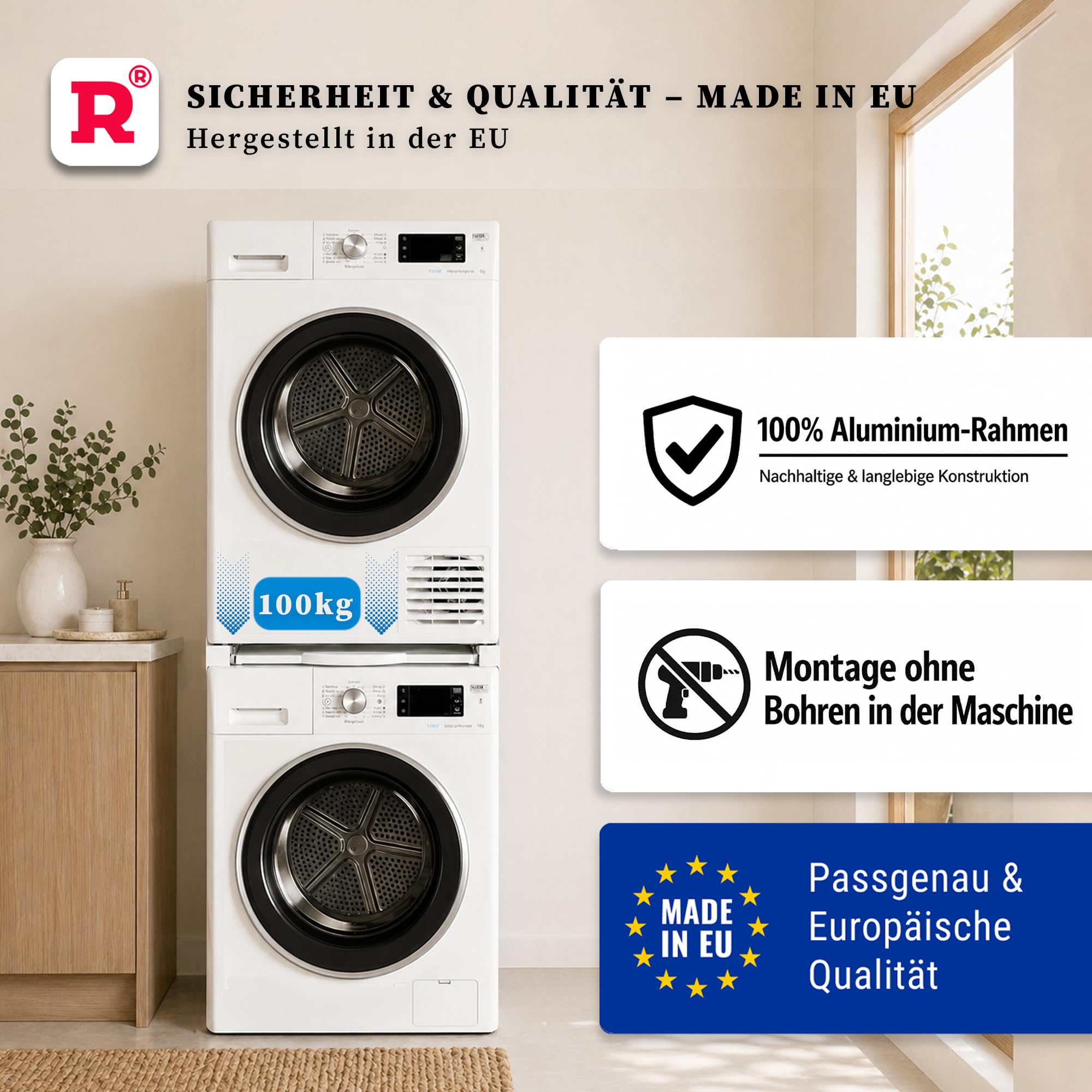 ROLLER Kappatos Zwischenbaurahmen Waschmaschine Trockner mit Schublade | Aluminium Verbindungsrahmen, 60x60 cm, Stapelrahmen Universal, 100 kg Tragkraft, Made in EU, Vormontiert