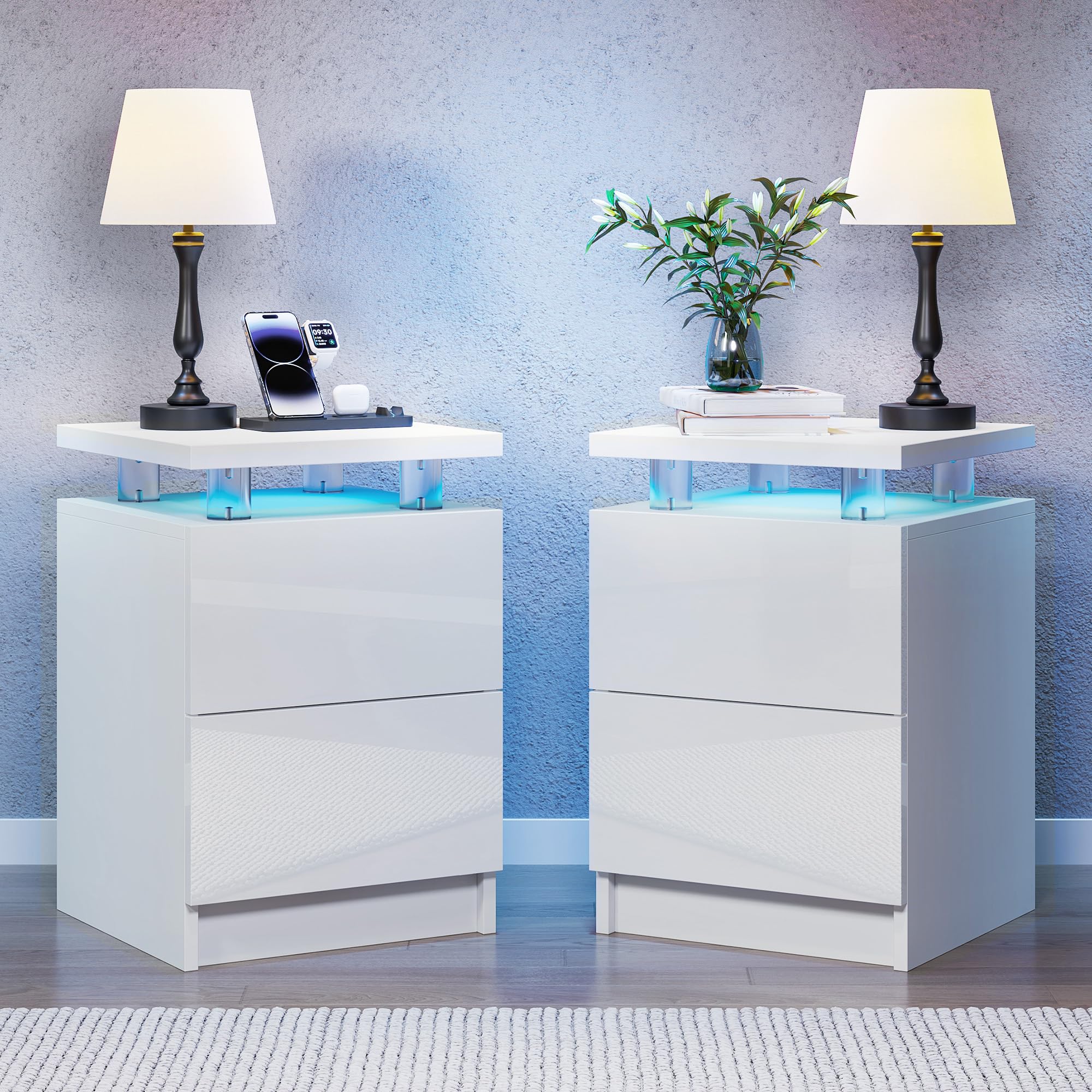 Nightstand Set of 2 with LED Lights, NightStands with 2 Storage Drawers, Bedside Table for Bedroom, White 15IN