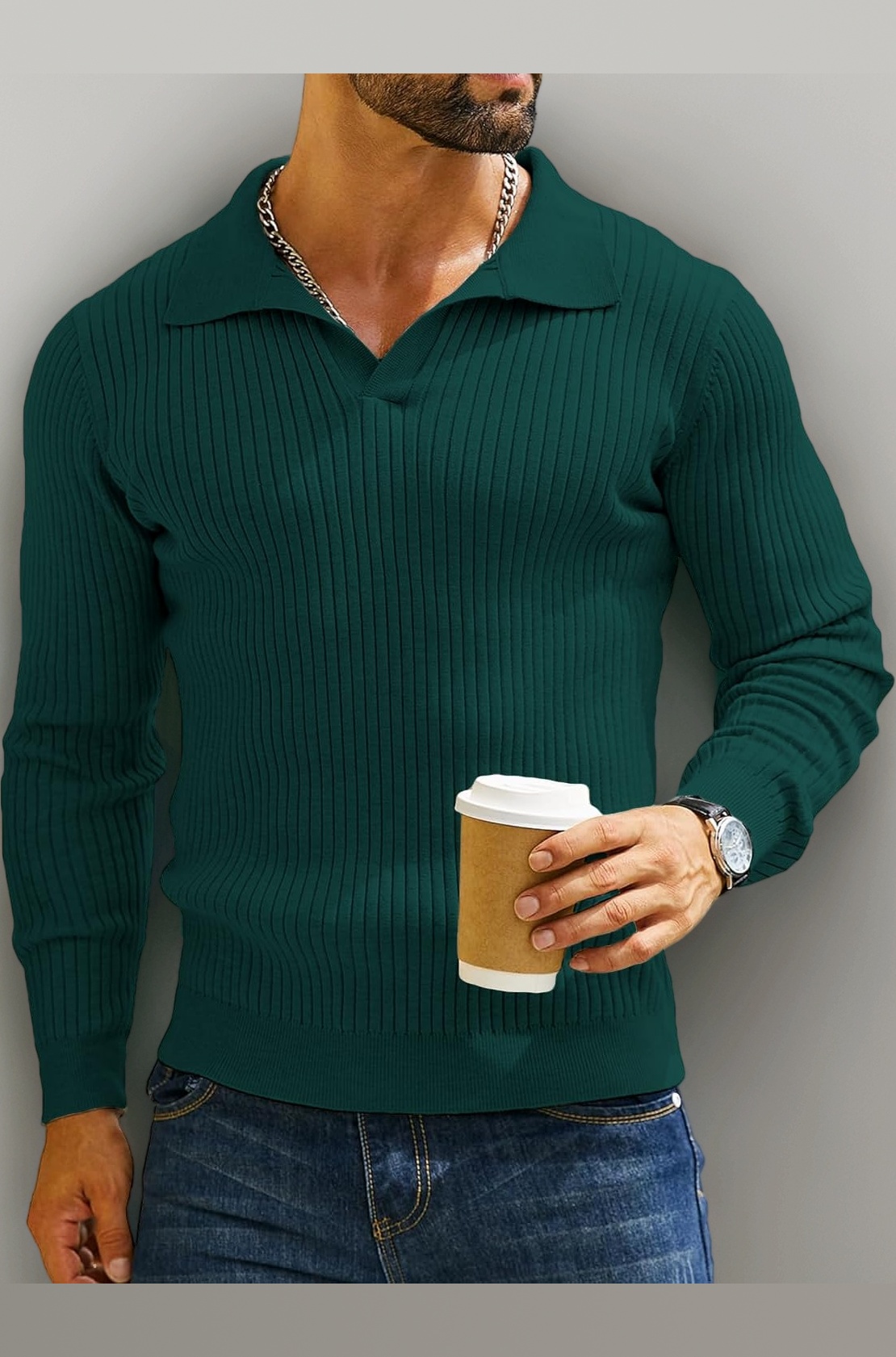 DENIMHOLIC Men's Cotton Full Sleeve Collar Polo Sweater for Men, Rib Knitted Sweaters for Men Winter Sweater for Man