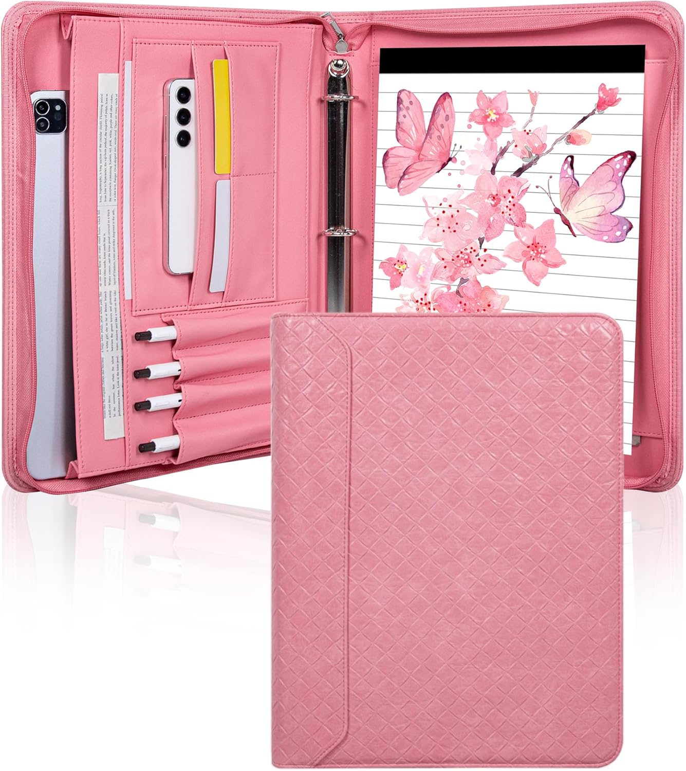 Fashionable Mesh Super Pink PU Padfolio, Vegan Leather Binder Portfolio for Women, 3 Ring Padfolio with Zipper, A4 Planner Binder Laptop Pocket, Legal Size Portfolio, Christmas Gift
