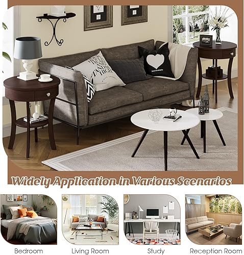 Miniatura 10 de Giantex Mesa auxiliar redonda con cajón, mesa auxiliar de madera de 2 niveles con estante abierto, mesa auxiliar de sofá pequeña para espacio