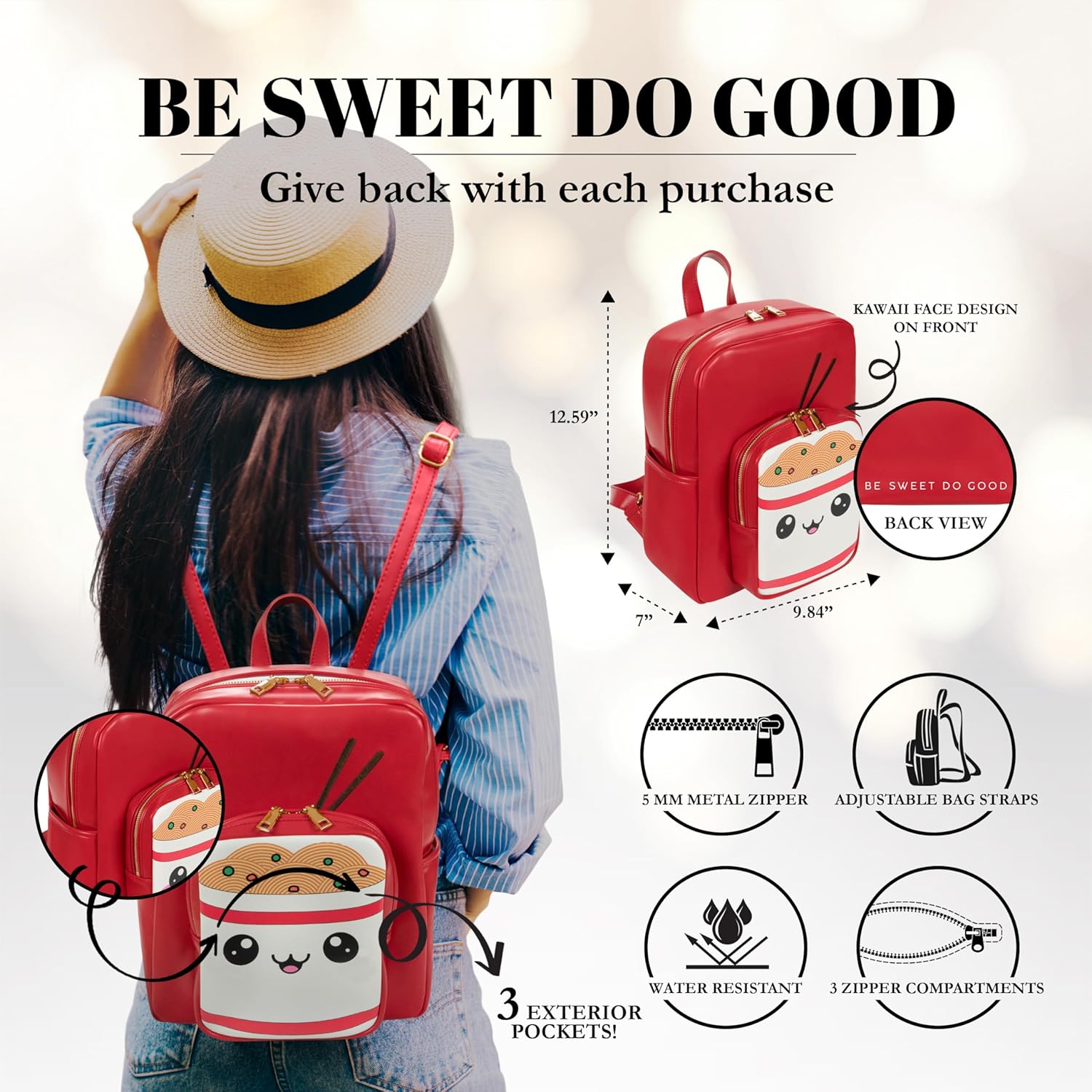 Kawaii Ramen Noodle Backpack Purse | Women and Kids Fashion Backpack Purse | Faux Leather - Image 2