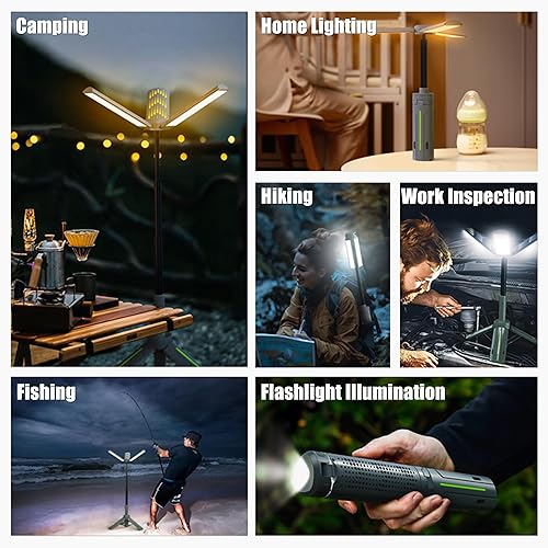 Miniatura 7 de Luces de campamento recargables con soporte, luces de trabajo telescópicas inalámbricas con 3 cabezales de lámpara LED, linterna de trípode de