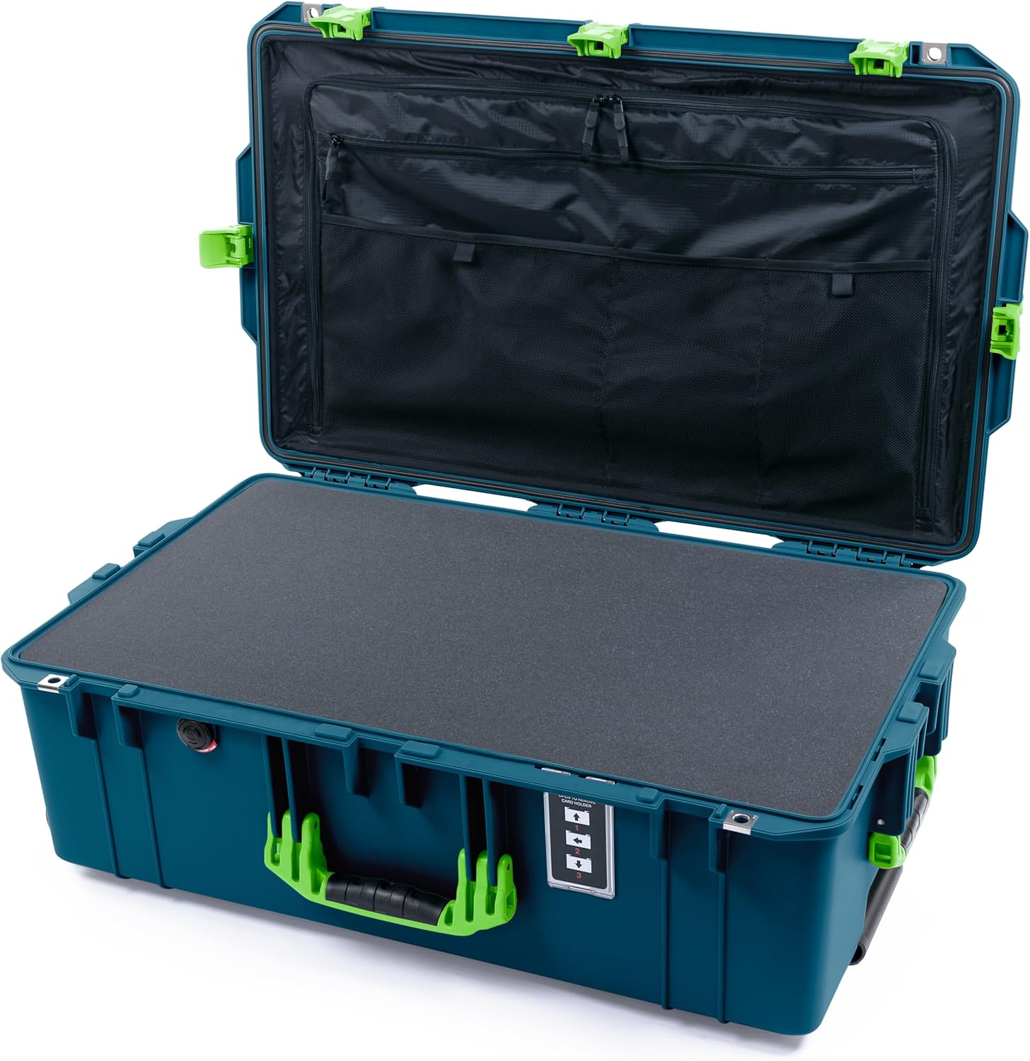 ColorCase Pelican 1595 Case Indigo - Large Sized Waterproof Case with Pick & Pluck Foam & Combo Pouch Lid Organizer- Lime Green Handles & Latches