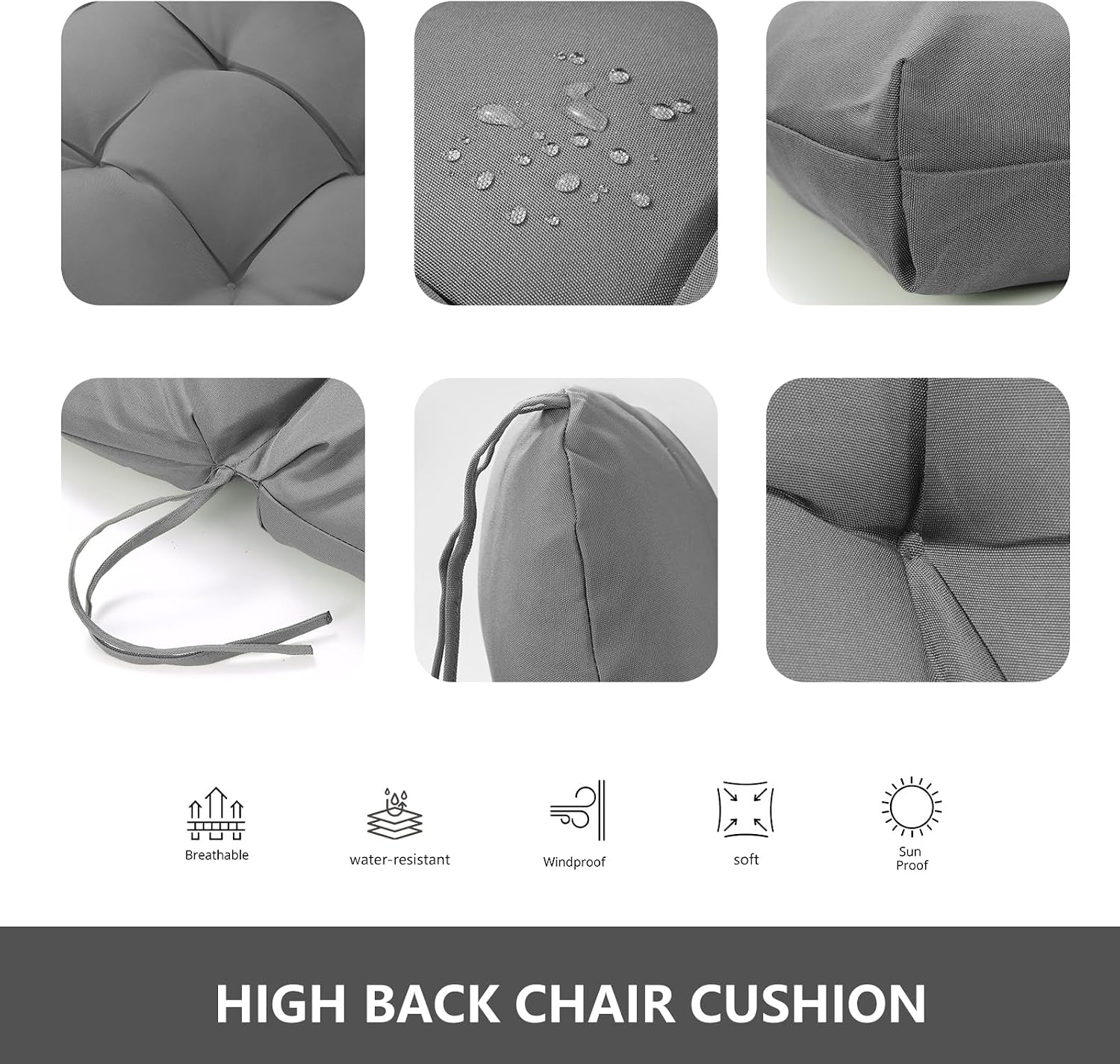 Outdoor/Indoor Chair Cushion with Back, Water-Resistant High Back Chair Cushions 2 Pieces, Grey