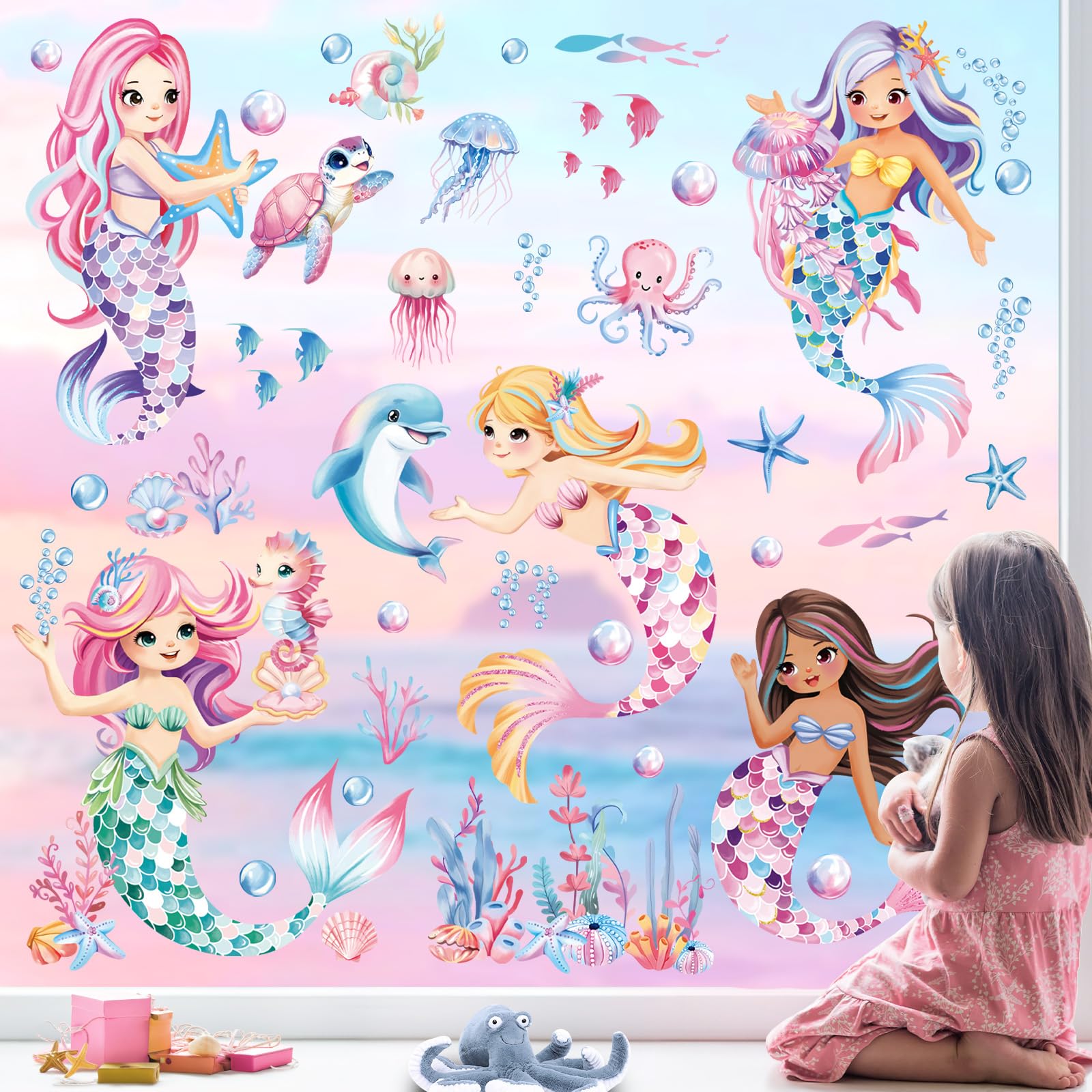 decalmile Under The Sea Mermaid Double Sided Window Clings Ocean Animal Whale Turtle Jellyfish Window Decals Anti-Collision Glass Window Doors Window Stickers - Image 3