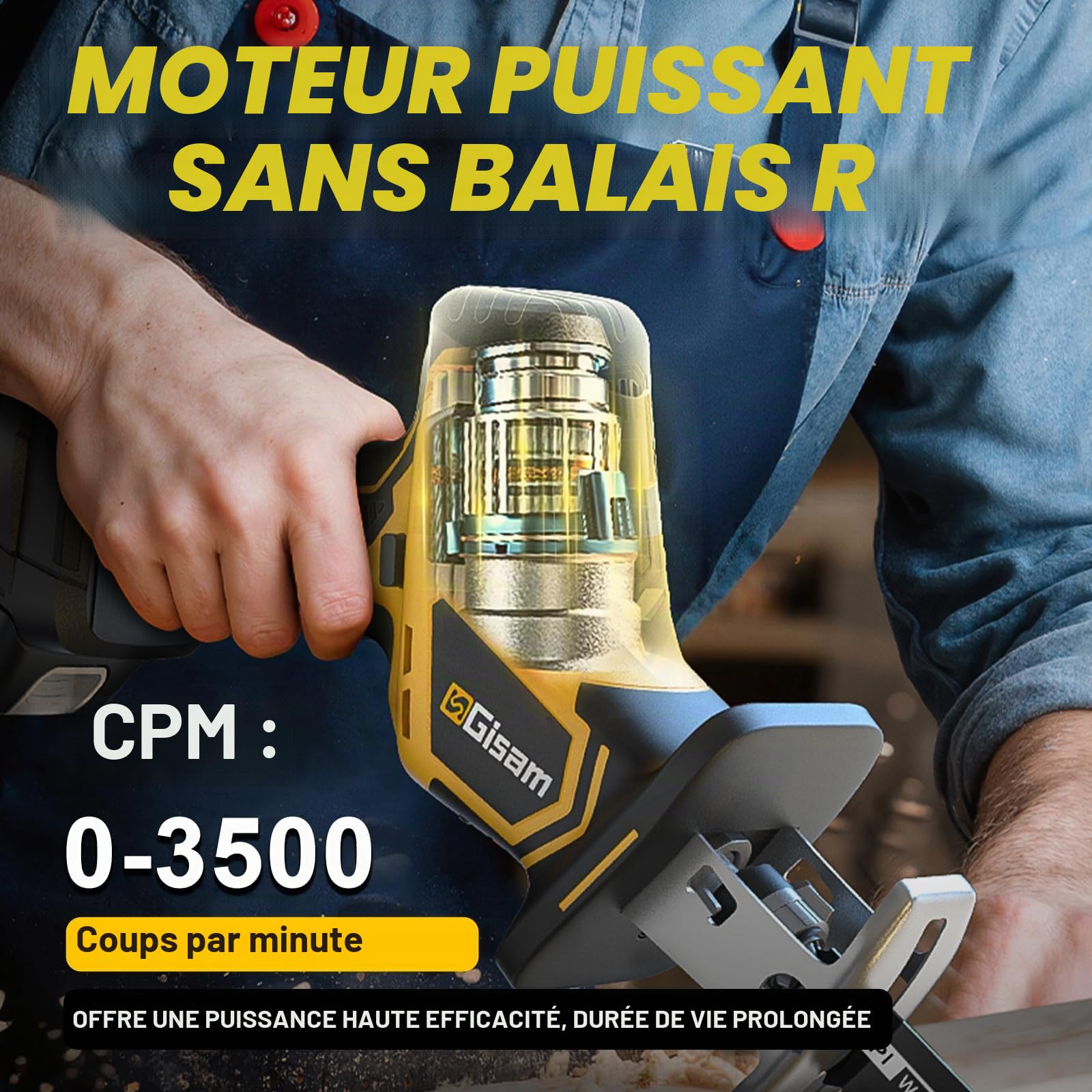 Gisam Scie Sabre sans fil 21V, 3500 spm, Moteur sans Balais Silencieux, 2 Batteries de 4,0 Ah et 8 Lames de Scie, Scie éLectrique à Queue de Renard pour Bois, MéTal, Pvc