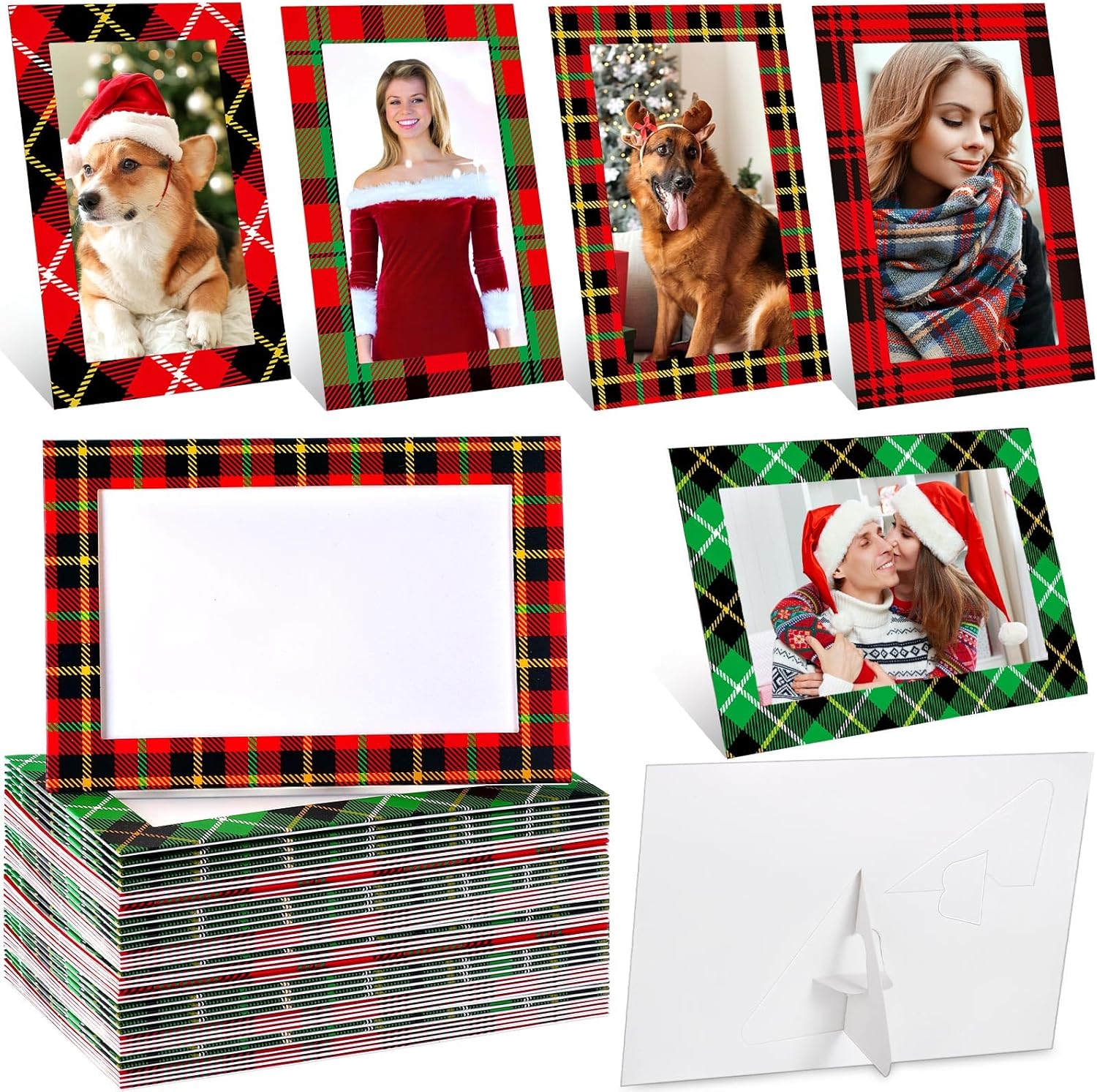 Qunclay 100 Pcs Christmas Picture Frame Ornaments 4x6 Paper Photo Frames Bulk with Stand Cardboard Tabletop Picture Frames Ornament for DIY Crafts Xmas Tree Hanging Decor (Red,Green,Plaid Style)