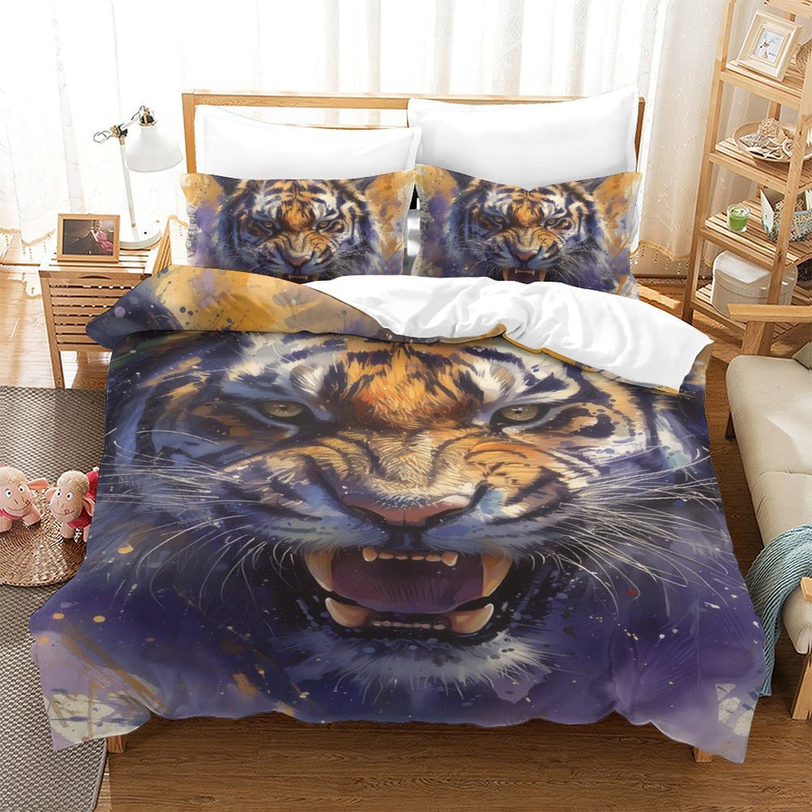 Housse de couette tigre en microfibre douce avec fermeture éclair lit single 140x200