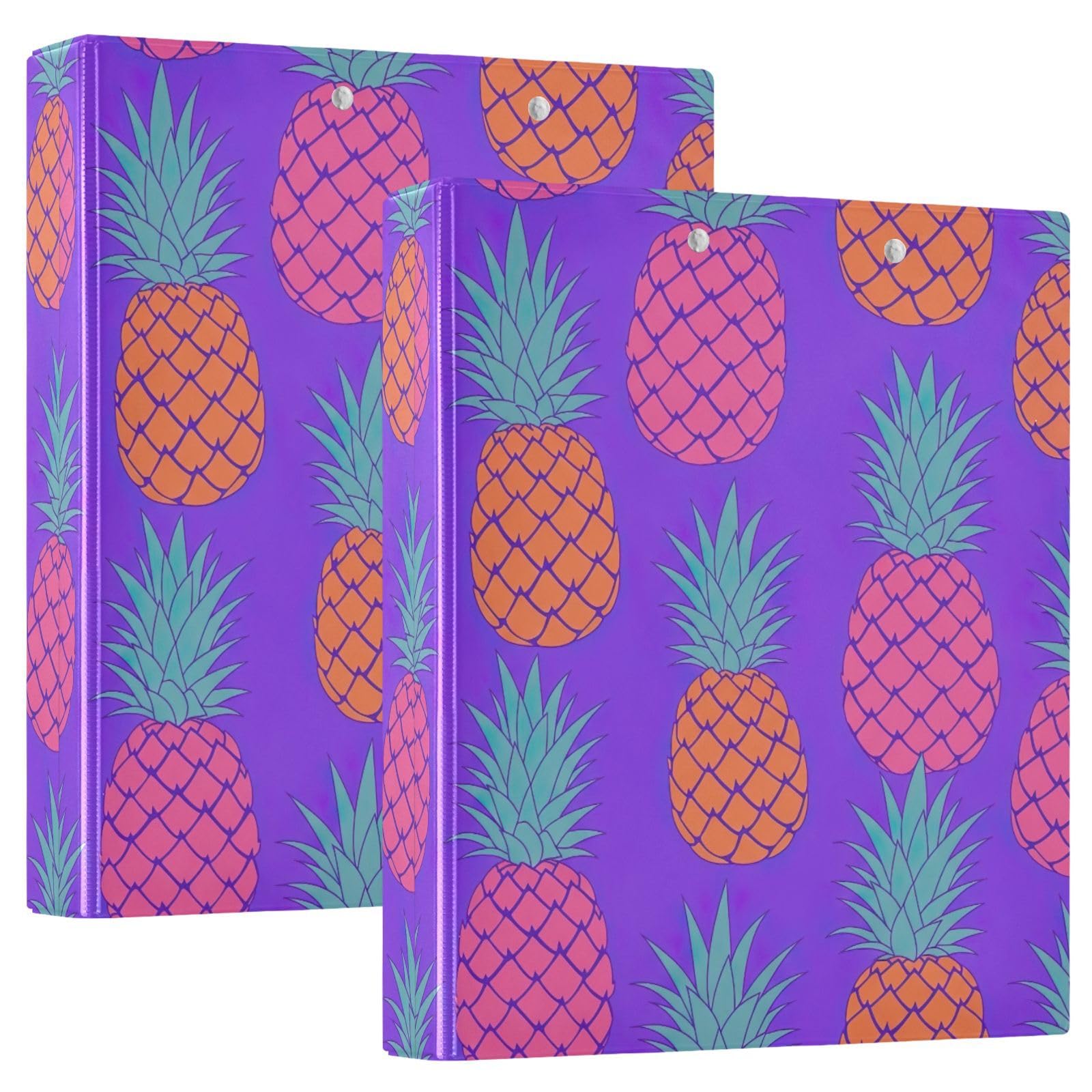 Raccoglitore a 3 anelli, colore viola con ananas, con portablocco, confezione da 2