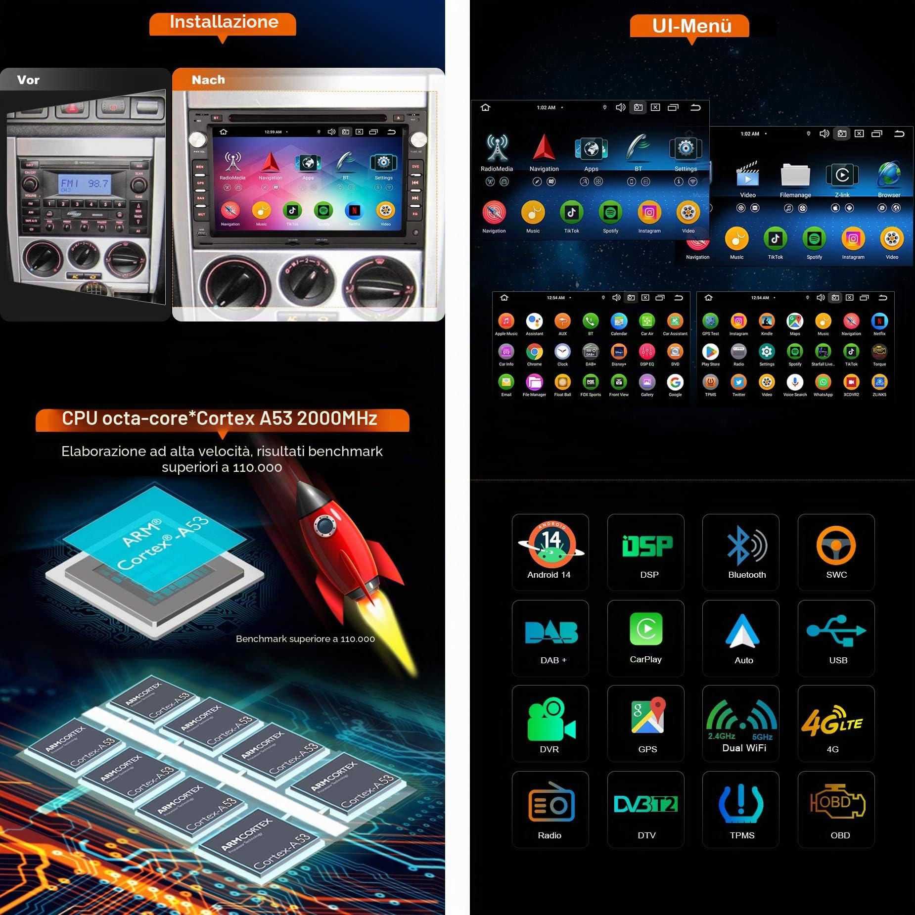 erisin 8-Core 4+64GB Android 14 Autoradio GPS Navigatore per VW Golf 4 T4 Passat B5 Bora Sharan Polo Skoda Seat DAB CarPlay Wifi BT5.0 DSP Canbus SWC RDS FM Radio CD/DVD