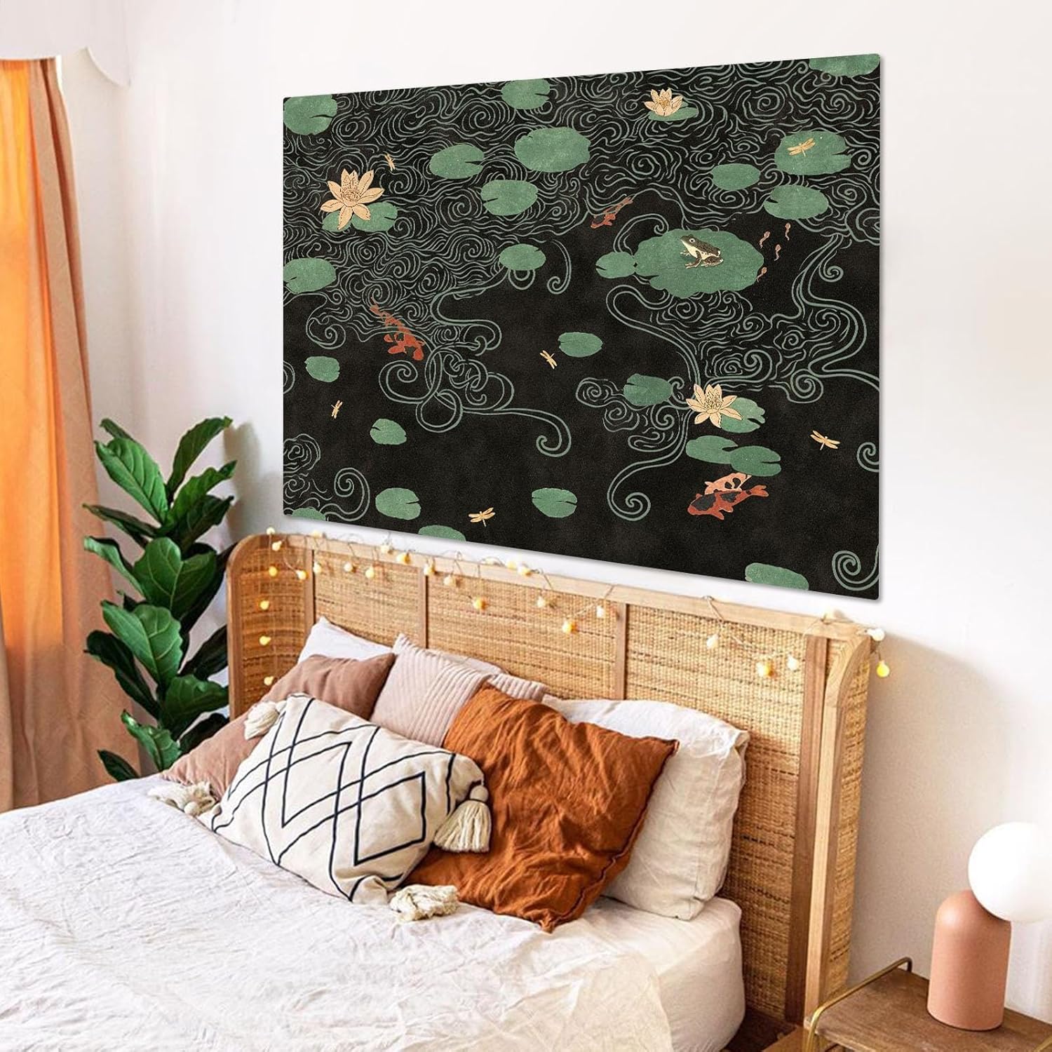 Lifeella Japanese Tapestry, Koi Pond Tapestry, Abstract Lotus Lily Wall Hanging, Zen Nature Aesthetic Art Wall Decor for Bedroom Living Room Dorm, Black 60x80 inches