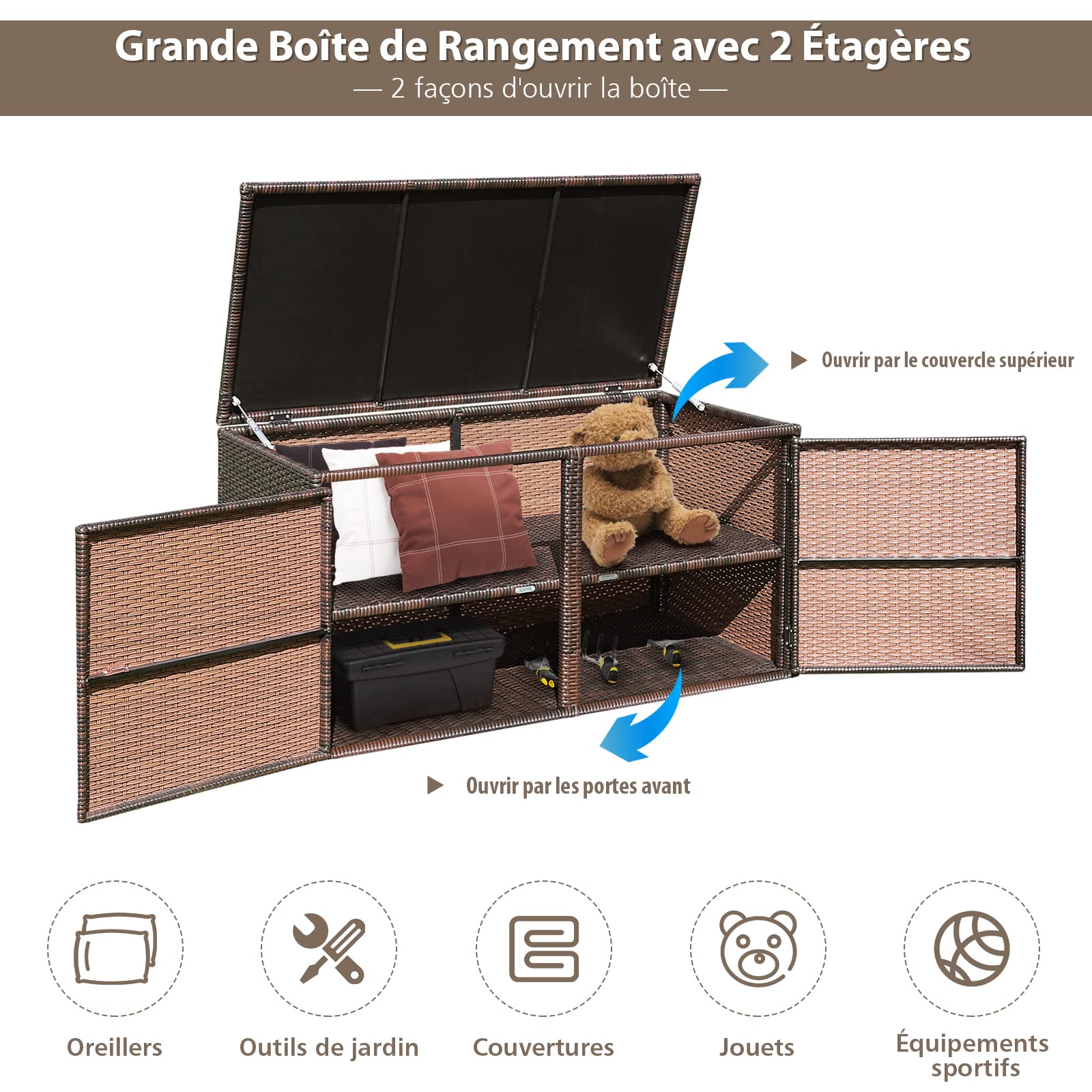COSTWAY Coffre de Rangement Extérieure en Rotin 335L, Boîte de Rangement avec Couvercle 2 Portes 2 étagères Cadre en Acier, pour Ranger des Outils Jouet Accessoires 115x60x65CM (Marron)