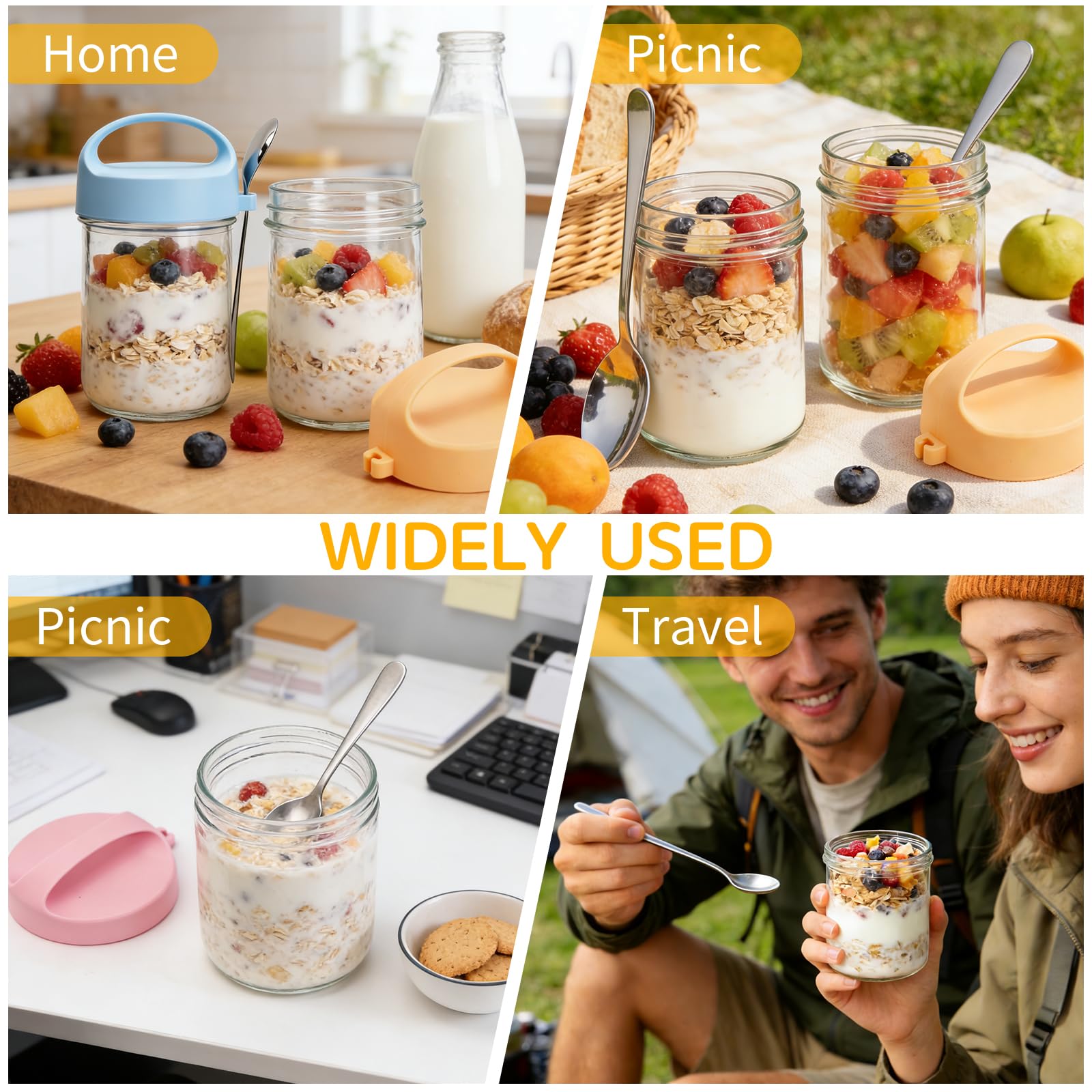 Overnight Oats słoiki z pokrywką i łyżeczką, 410 ml, z zakręcaną pokrywką, szczelne słoiki na przetwory śniadaniowe, sałatki, musli, mleko, kaszki i owoce, 4 sztuki