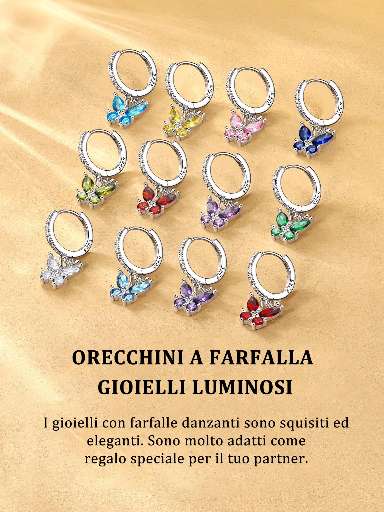 Bestyle Orecchini Argento 925 Donna Orecchini a Farfalla Granato/Acquamarina/Smeraldo/Diamnate Orecchini a Cerchio Antiallergico Regalo Compleanno San Valentino