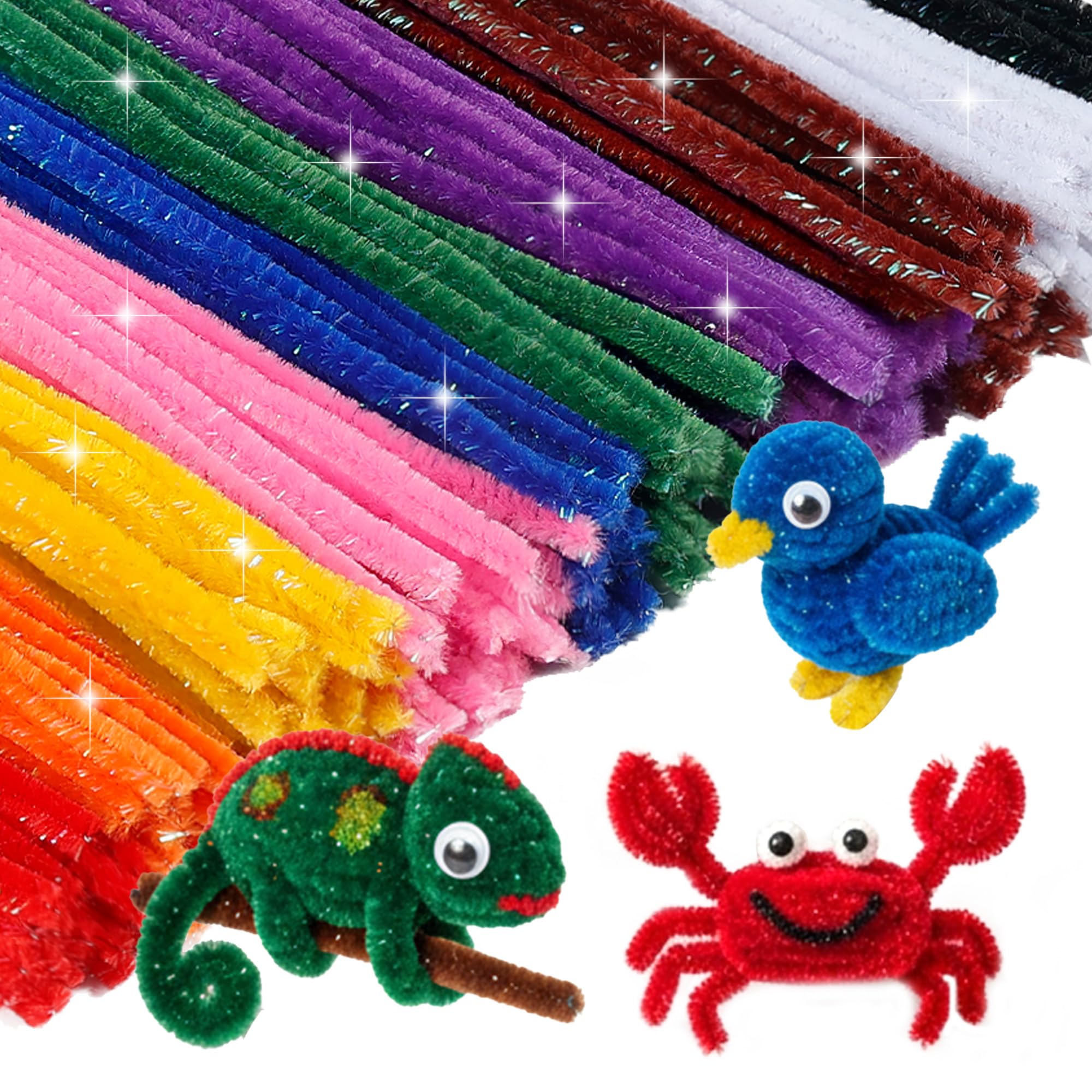 Caydo 200PCS Glitter Pipe Cleaners Craft, Sparkly Pastel Chenille Stems for Flower Making, DIY Art Creative Projects and Holiday Party Decorations