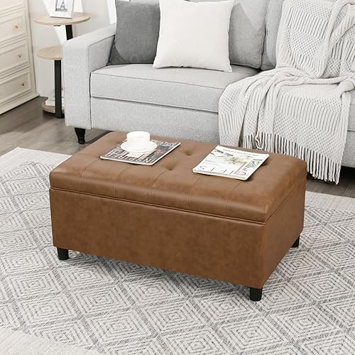 Miniatura 9 de Homebeez Banco de almacenamiento de piel sintética de 34.6 pulgadas, reposapiés otomano copetudo con tapa con bisagras fácil de abrir para sala de