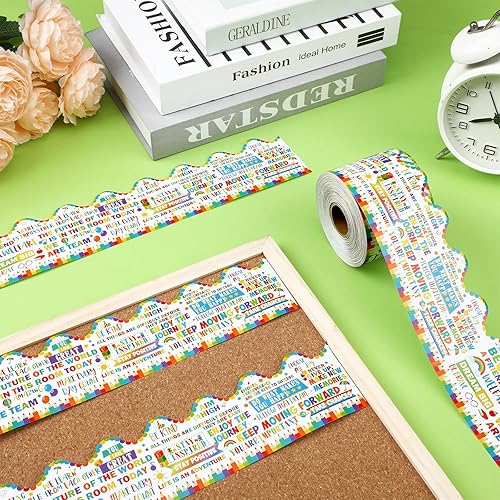 Miniatura 10 de Kisston Tiras de tablero de anuncios con purpurina dorada de 131 pies, borde dorado, tiras de decoración de aula, bordes festoneados, decoración