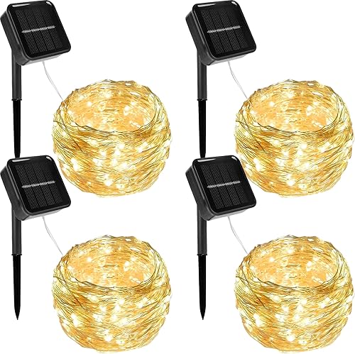 Twinkle Star Paquete de 4 tiras de luces solares para exteriores, 39.4 pies, 120 luces LED decorativas de Navidad con 8 modos, luz impermeable para