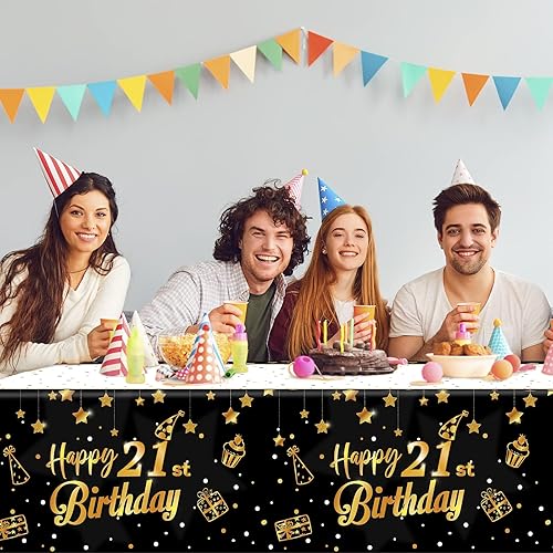 Miniatura 7 de Ruisita Paquete de 2 manteles rectangulares de color negro y dorado para fiestas de cumpleaños 21, manteles de fiesta de cumpleaños en interiores o