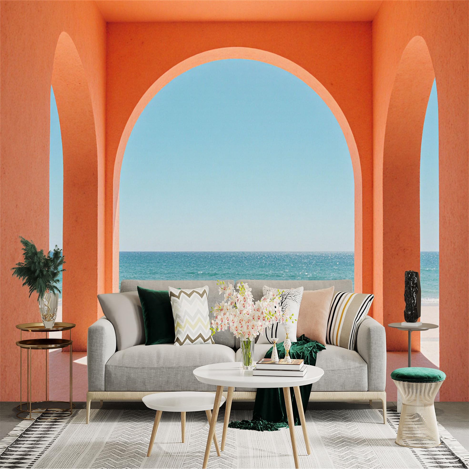 Custom Size Wall Sticker Mural， Mediterranean Architecture， Sunny Beach View， Archway Overlooking Ocean， Modern Minimalist Decor， for wall Decoration， peelandstick wall Decals.