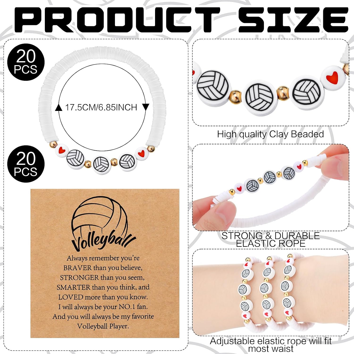 Ecation 20 Set Volleyball Team Gift Bracelets Bead Ball Bracelet Bulk Adjustable Charm Bracelets with Inspirational Card Sport Party Favor Charms for Volleyball Team Players