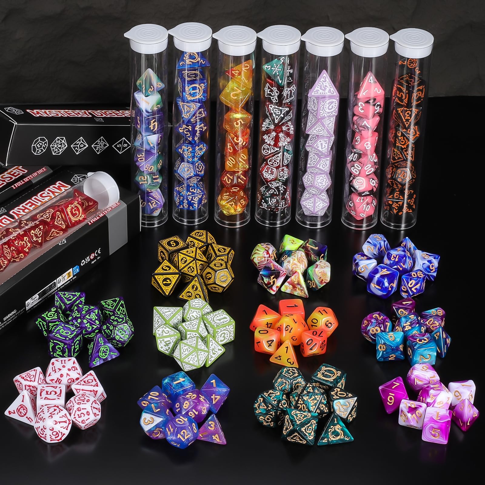 QMAY Mystery - 6 Juegos de Dados Poliédricos, Estilo Aleatorio, para Juegos de Mesa Dungeon and Dragons MTG RPG DND D20 D12 D10 D% D8 D6 D4 (42)