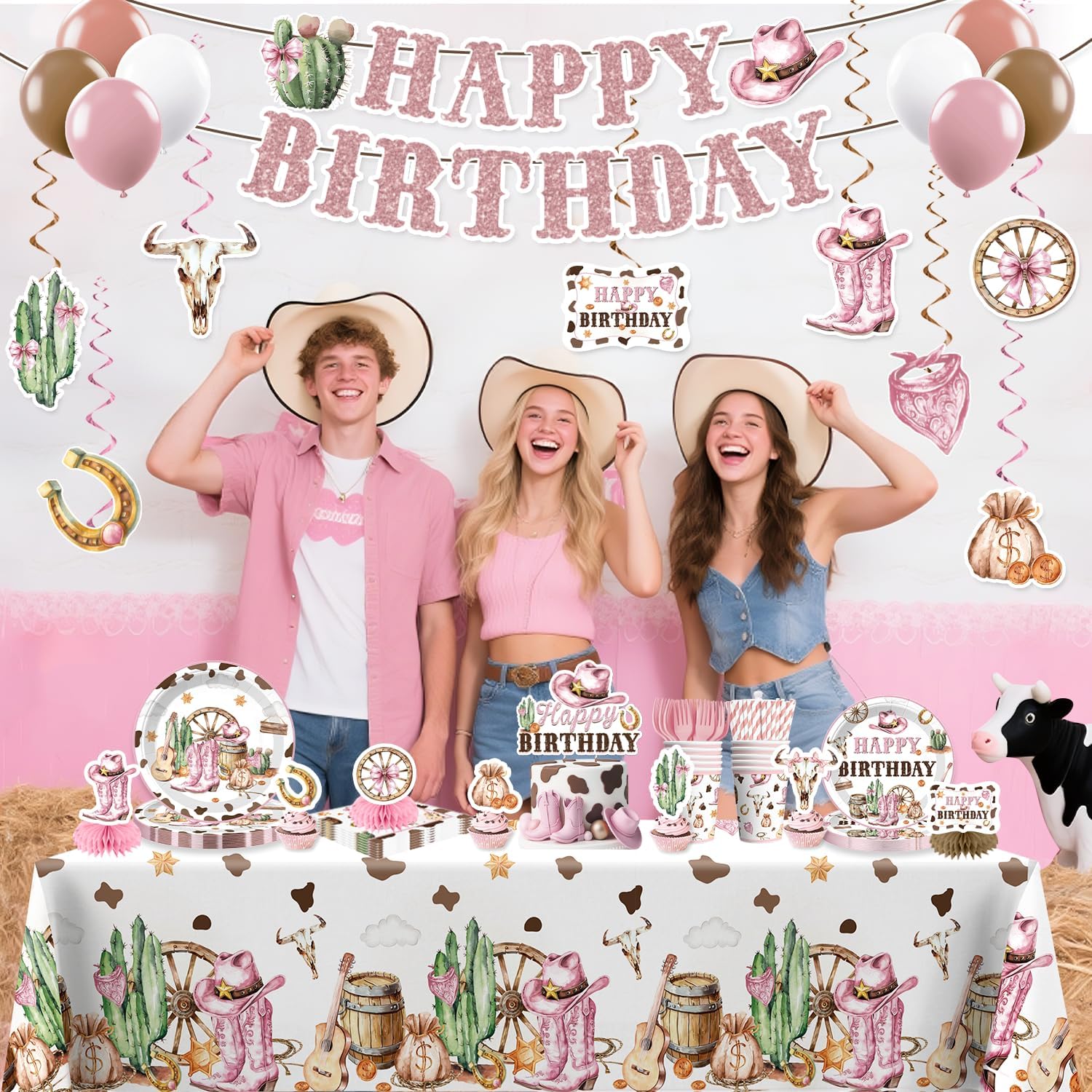 Xynic 201pcs Western Cowgirl Birthday Party Decorations Tableware Set, 25 Serves Disposable Cowgirl Plates and Napkins Set, with Cake Topper, Banner, Tablecloth, for Pink Western Party Decorations - Image 7
