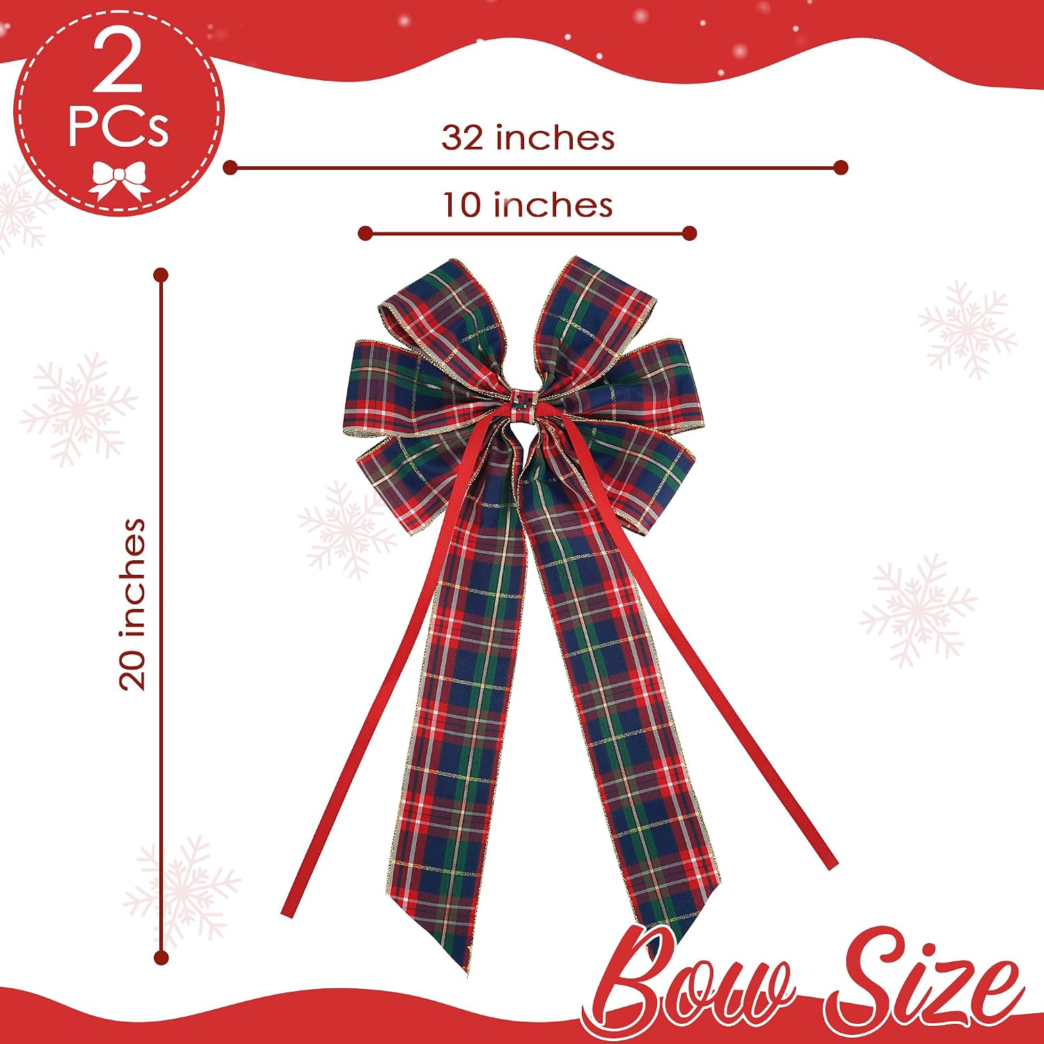 AIMUDI Christmas Tree Bows 10×20'' Navy Blue and Gold Plaid Bows for Gift Wrapping Wreath Bows with Wire Edge Premade Gift Bows for Craft Present Indoor Holiday Door Christmas Decorations, 2 PCs image 3