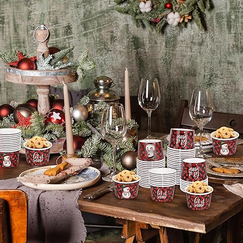 Miniatura 6 de Whaline 50 tazas de aperitivos de Navidad desechables a cuadros negros y rojos, cuencos de papel de helado de 9 onzas, copos de nieve de Navidad,