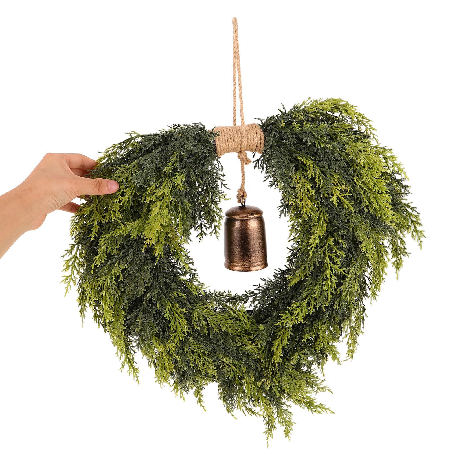 Alipis Guirnalda Navideña de Corazón con Cascabeles Guirnalda de Pino y Cedro Artificial Decoración para Puerta de Entrada Porche y Ventana de Navidad