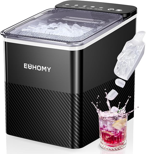 EUHOMY Machine à glace de comptoir, 26.5 lbs/24H Machine à glace portable avec scoop à glace & Panier, fabrication de glace rapide de 6 à 10 minutes, 2 Taille de glace, Idéal pour la maison, Cuisine, RV, Parti