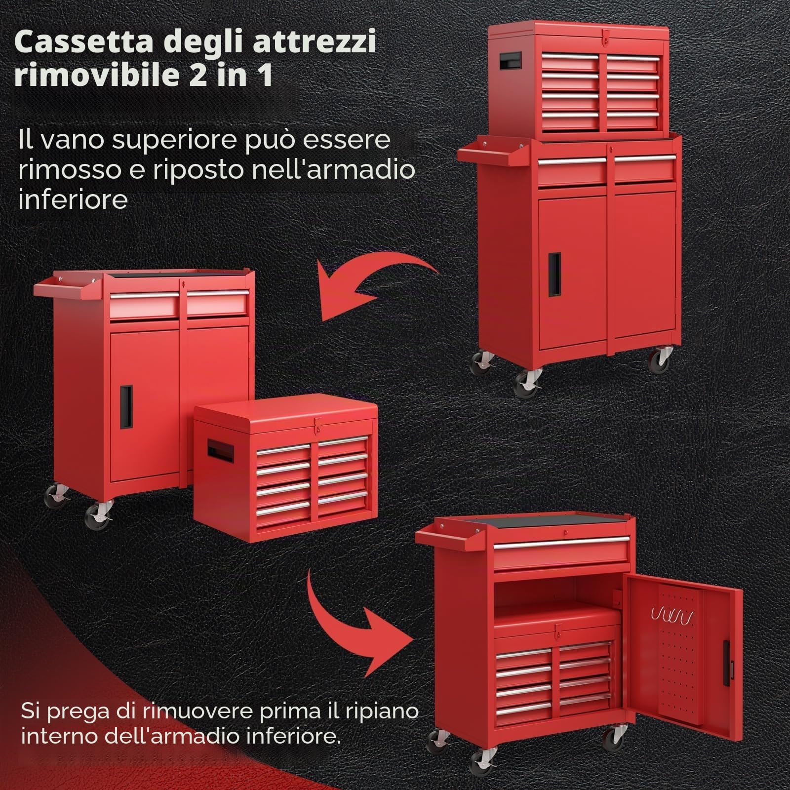 FANTASK Carrello portautensili 2 in 1 su ruote, carrello da officina con chiusura a gancio, 8 scomparti e valigetta e ripiano regolabile, senza attrezzi, carrello professionale in metallo, portata 100