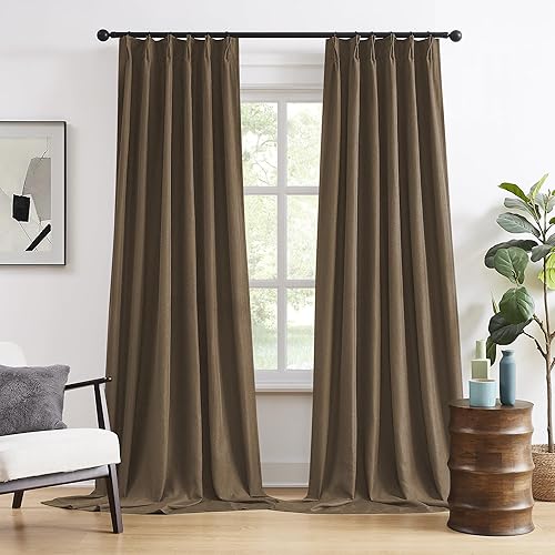 Miniatura 54 de DUALIFE Cortinas opacas plisadas dorado tostado de 138 pulgadas de largo, pestaña trasera con ganchos, cortina de riel de lino con aislamiento