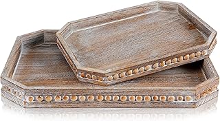2 Pack Farmhouse Wooden Ottoman Tray with Bead, 16